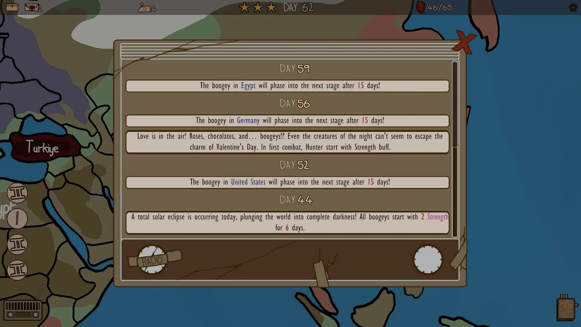 Boogey Hunters: Event timeline with upcoming boogey phases and world map in background