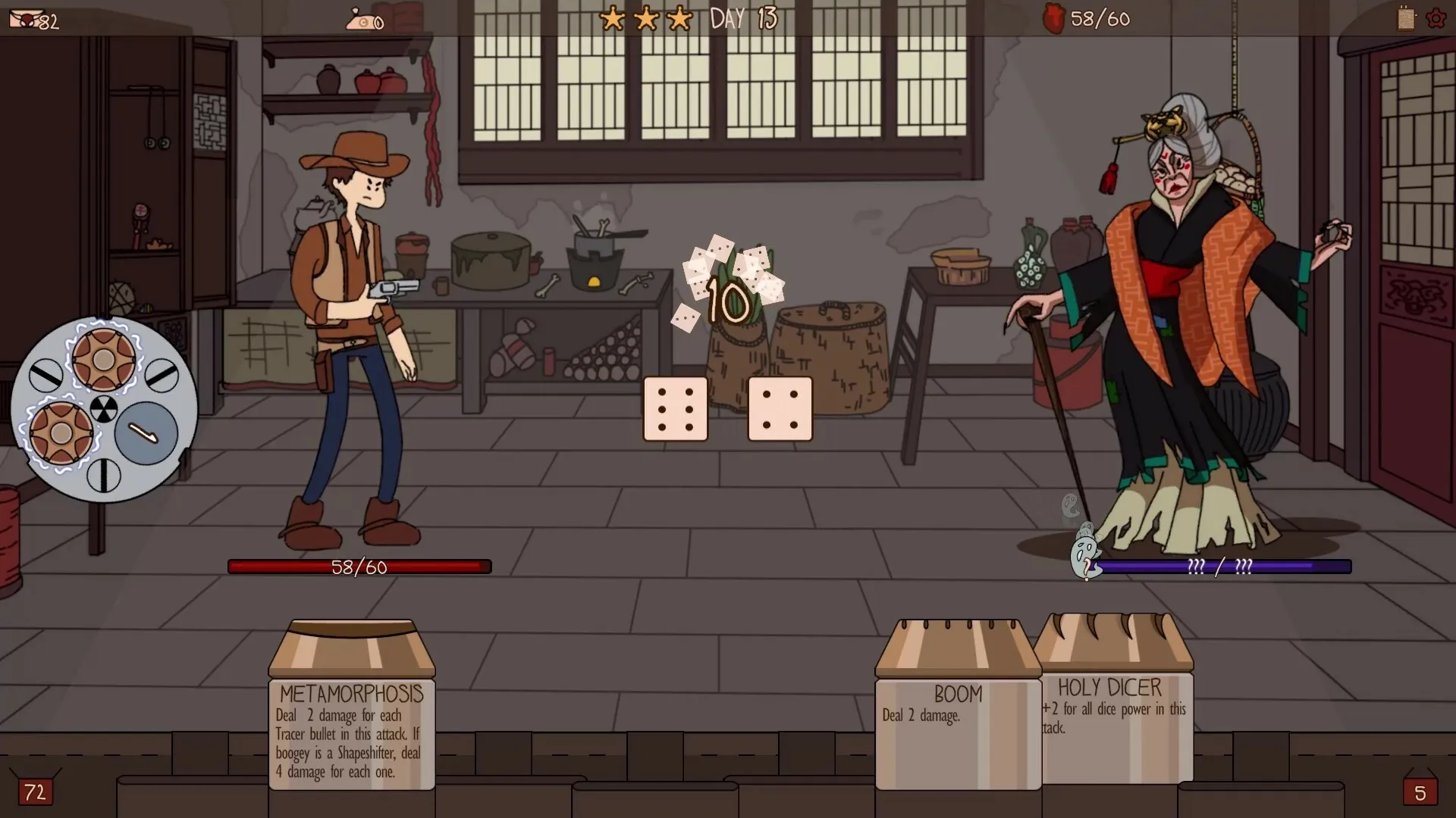 Boogey Hunters: Cowboy with revolver battles witch in rustic workshop, dice and ammo menu visible.