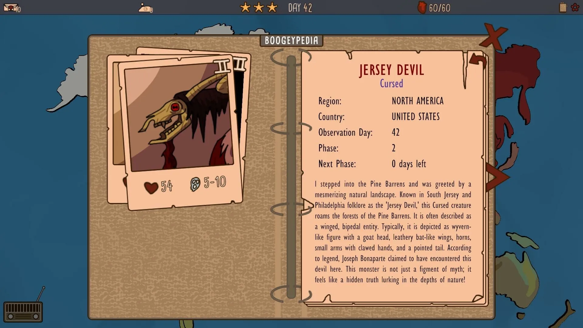 Boogey Hunters: Boogeypedia entry of Jersey Devil with stats and description in notebook interface