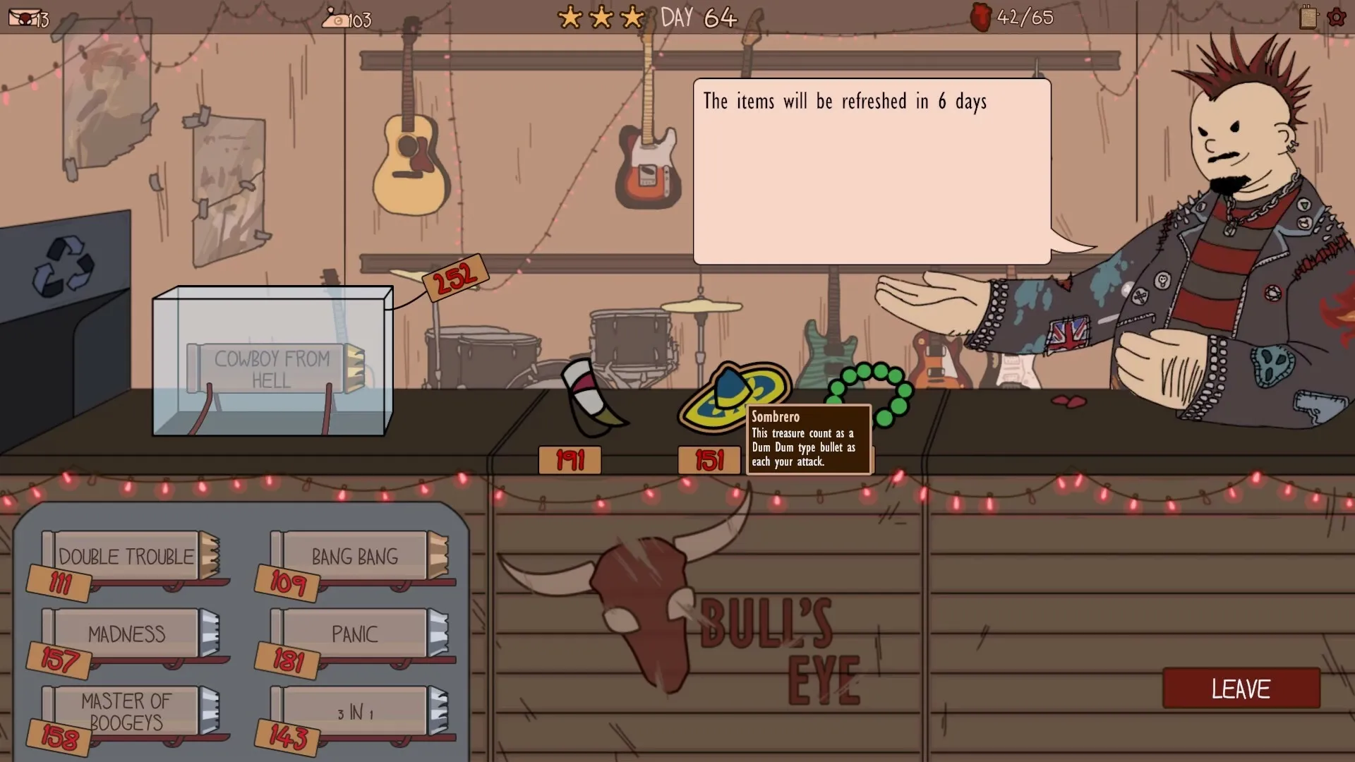 Boogey Hunters: Punk character in a shop trading ammo and items under a string of pink lights.