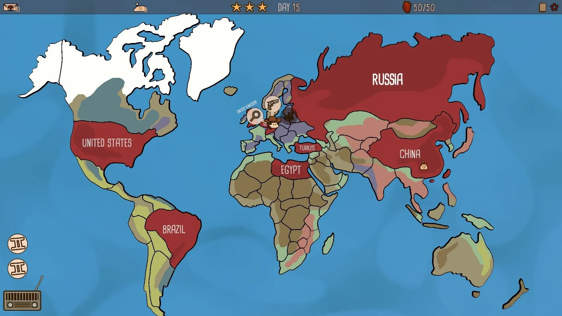 Boogey Hunters: World map view with character icons and country names, showing strategic locations.