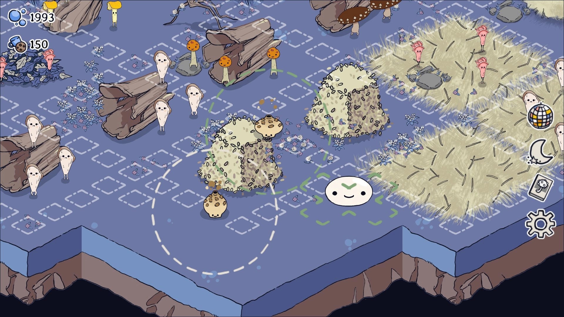 Boogie Fungi: Mushroom colony with resources and UI elements in a forest clearing environment