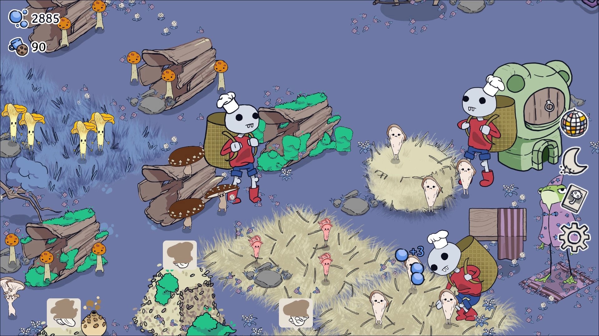 Boogie Fungi: Mushroom colony with skeleton characters gathering resources and managing mushroom homes