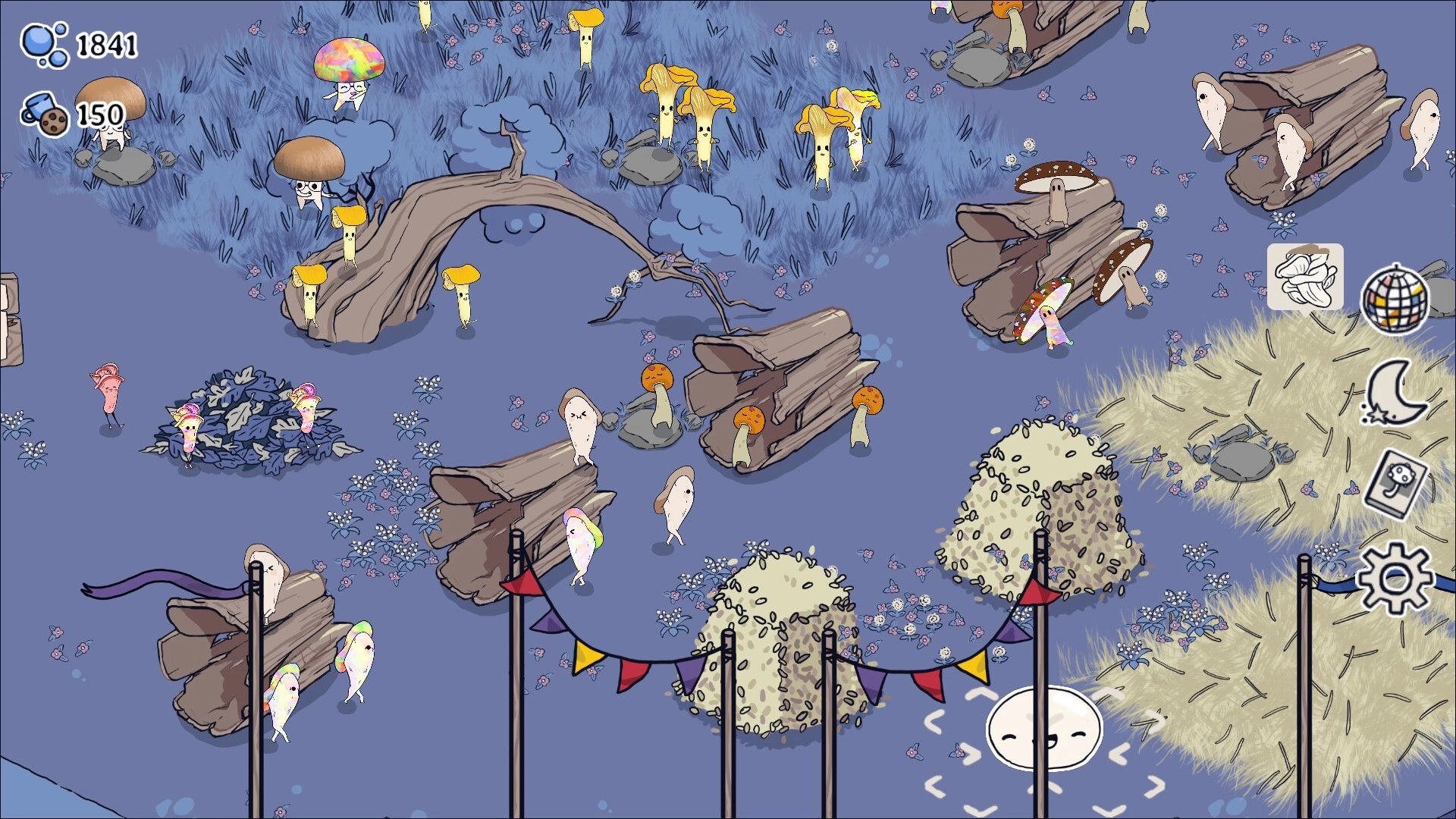 Boogie Fungi: Mushroom creatures gather near logs and bushes in a colorful forest with UI elements visible.