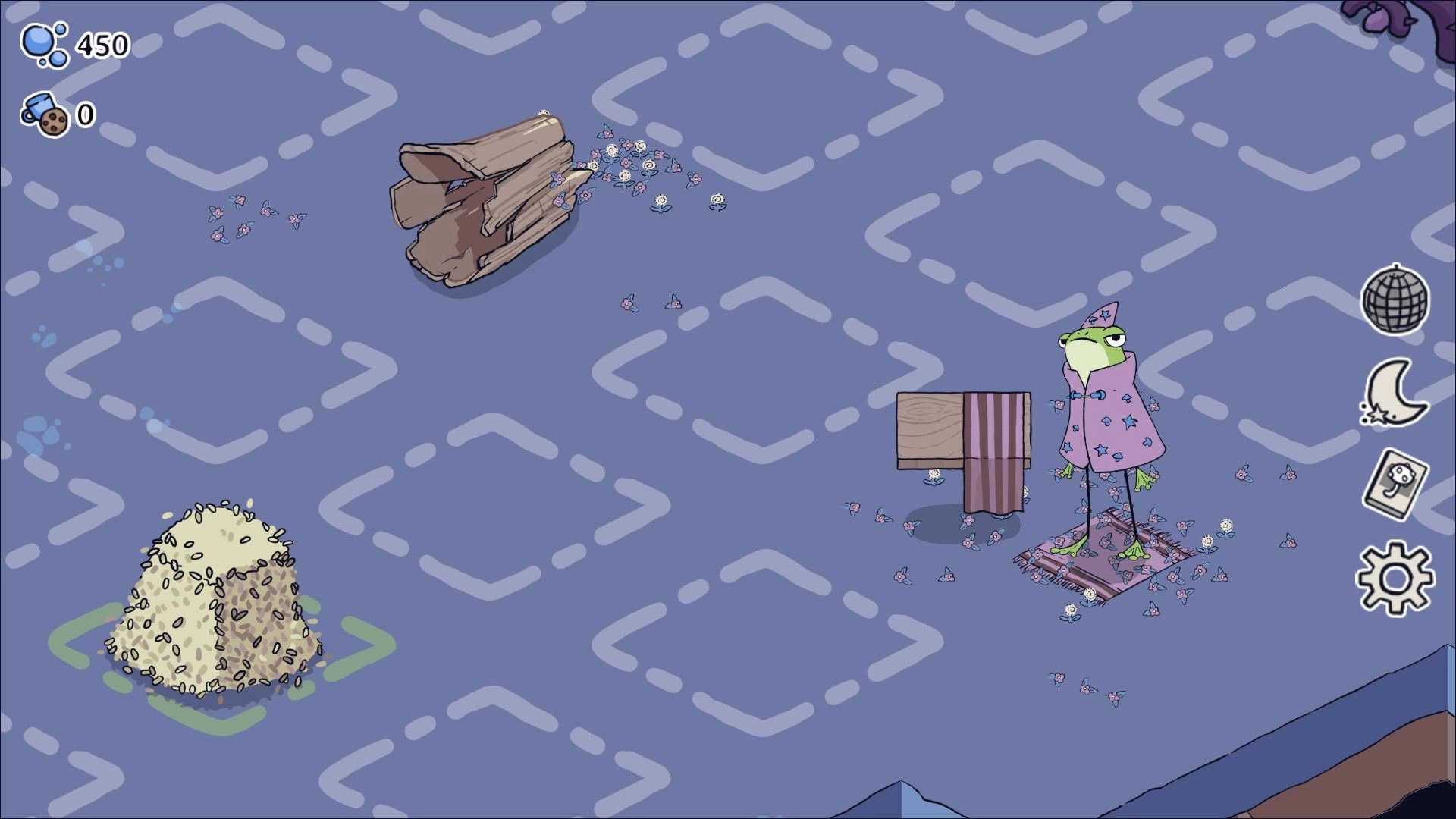 Boogie Fungi: Frog character in pajamas near wooden structure, resource icons top left, settings menu right
