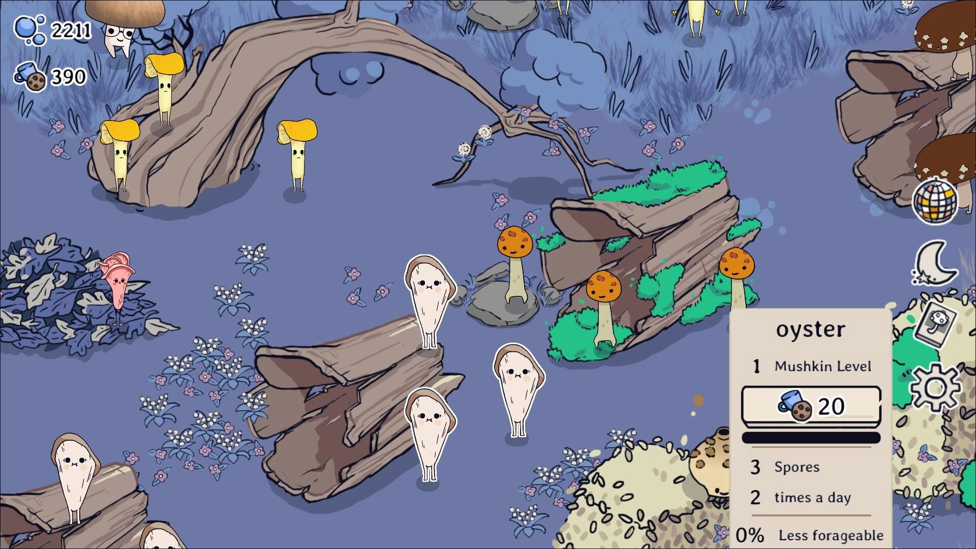 Boogie Fungi: Mushrooms dancing in forest clearing with resource count and character stats displayed