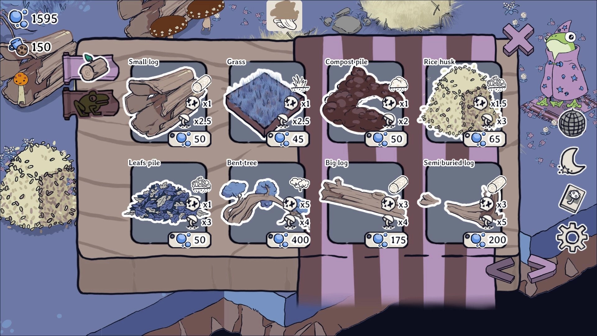 Boogie Fungi: Resource selection menu with logs, grass, and compost options in a whimsical forest setting