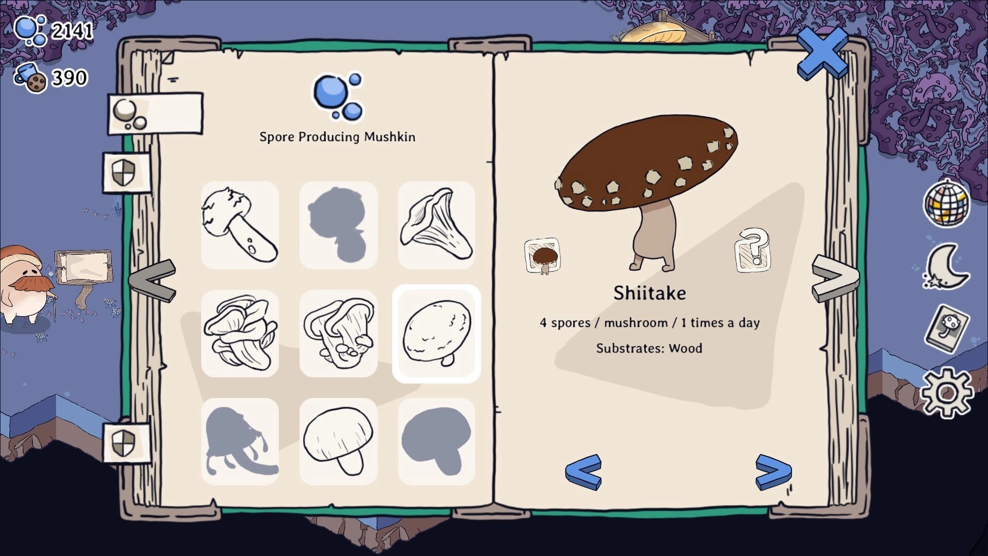 Boogie Fungi: Shiitake mushroom selection screen with spore production details and UI elements