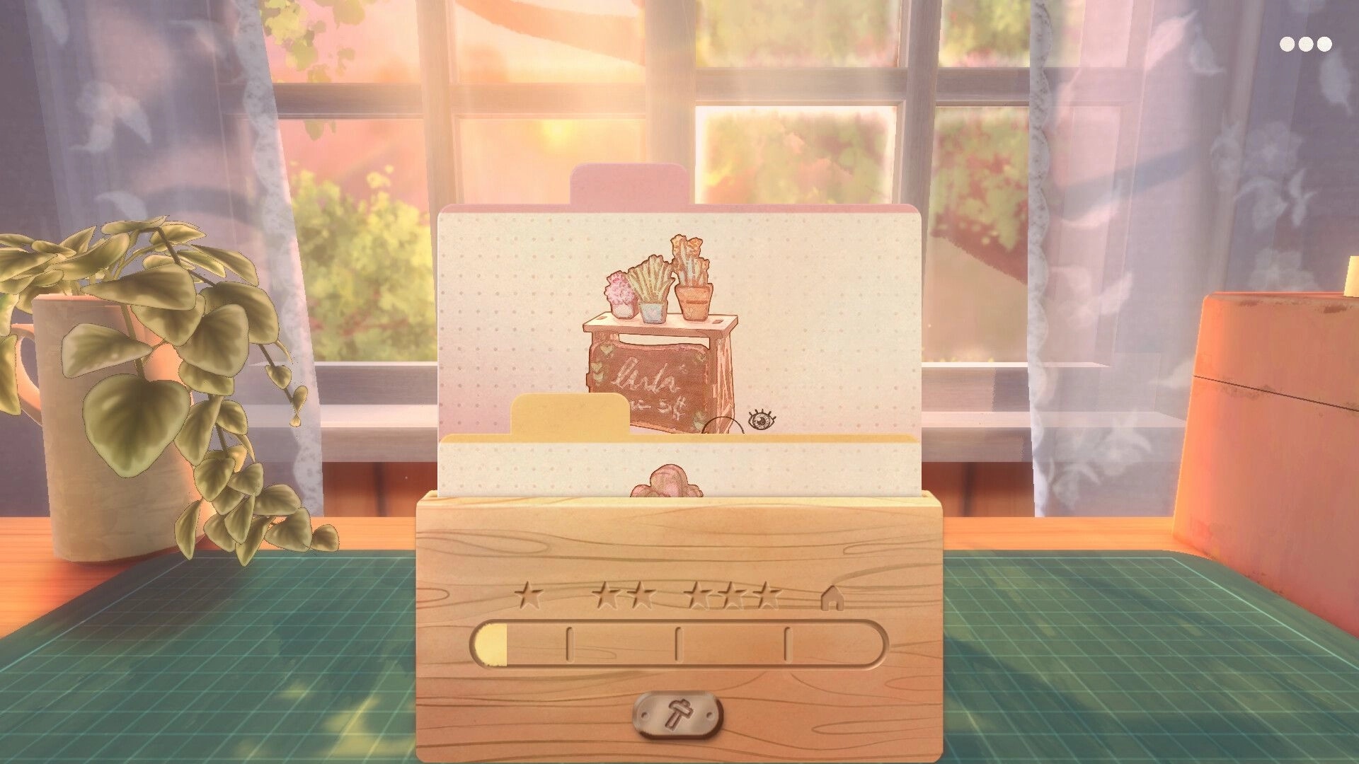 Book Nook: Diorama card on wooden stand with progress bar UI on sunlit desk by window.