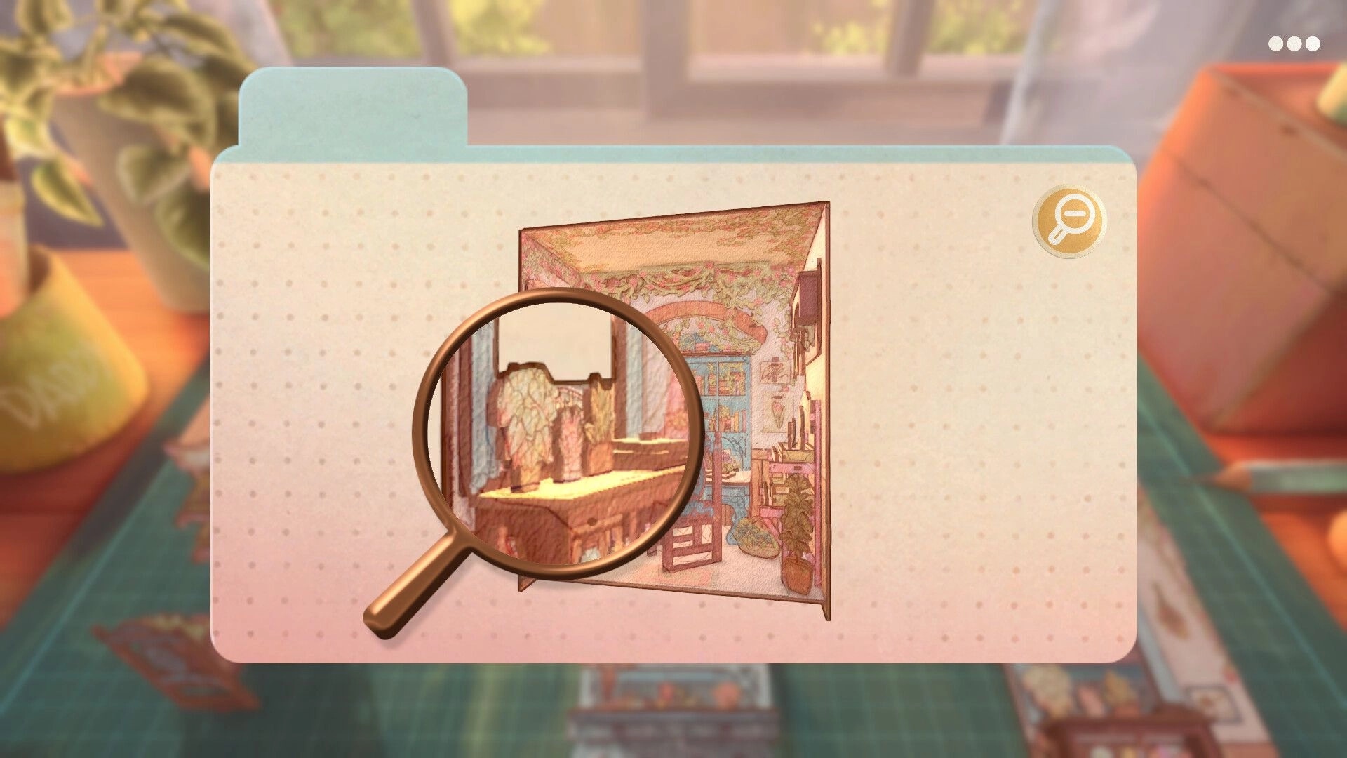 Book Nook: Magnifying glass inspects a miniature room diorama preview on a folder-style UI panel.