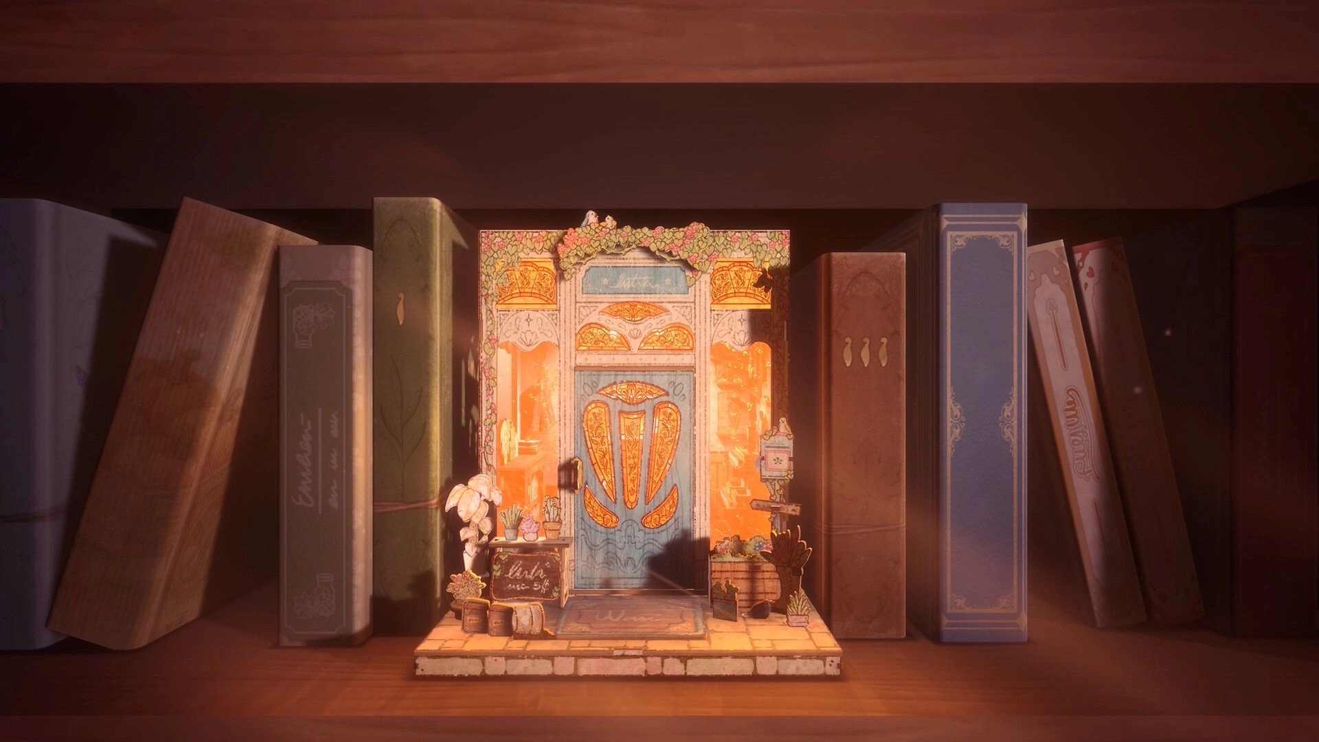 Book Nook: Finished miniature storefront diorama with blue door and plants nestled between books on shelf.