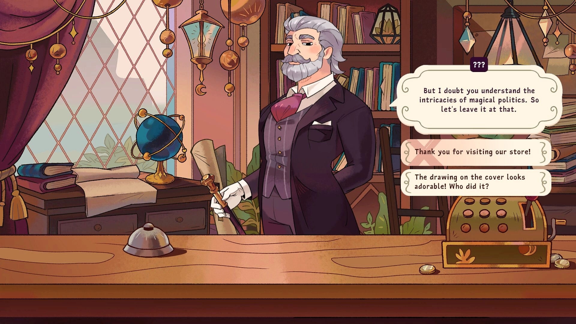 Bookbinding: Elderly man with scroll in bookstore dialogue scene with options in cozy library setting