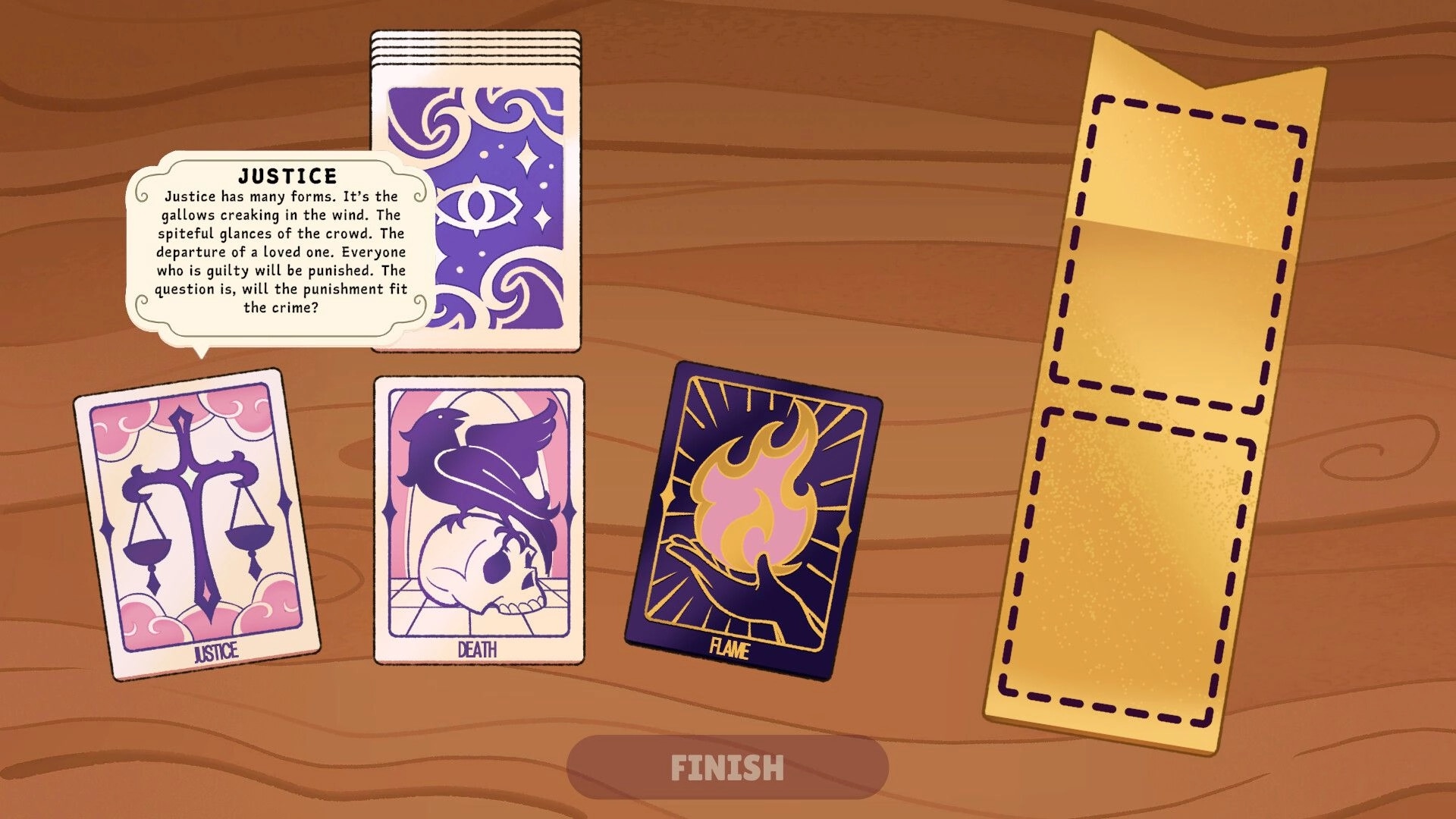 Bookbinding: Three Tarot cards—Justice, Death, Flame—laid on wooden table with dialogue box visible