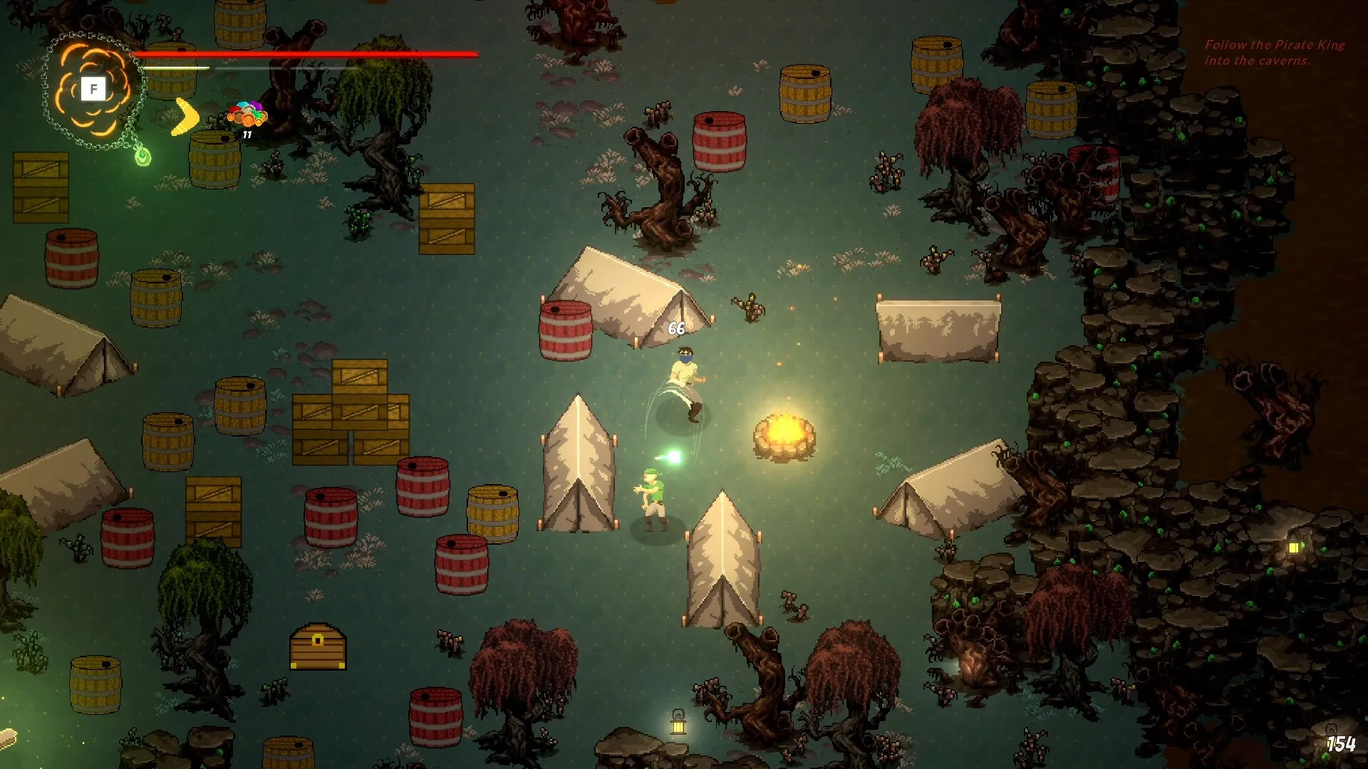 Boomerang Jack: Battling enemies in forest camp with tents, barrels, and glowing campfire at night