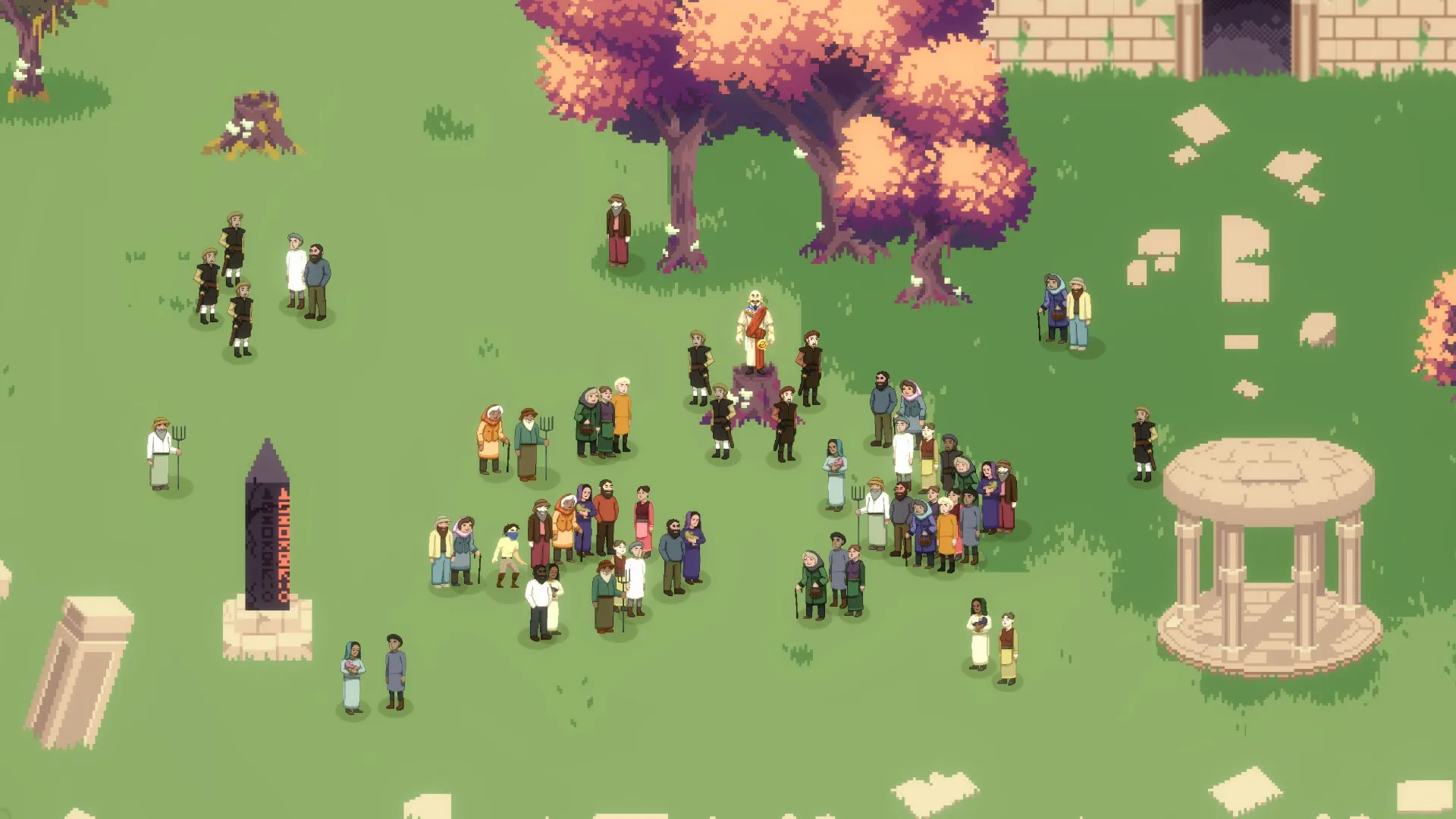 Boomerang Jack: Characters gather in a lush park with ancient ruins and an obelisk, preparing for a quest.