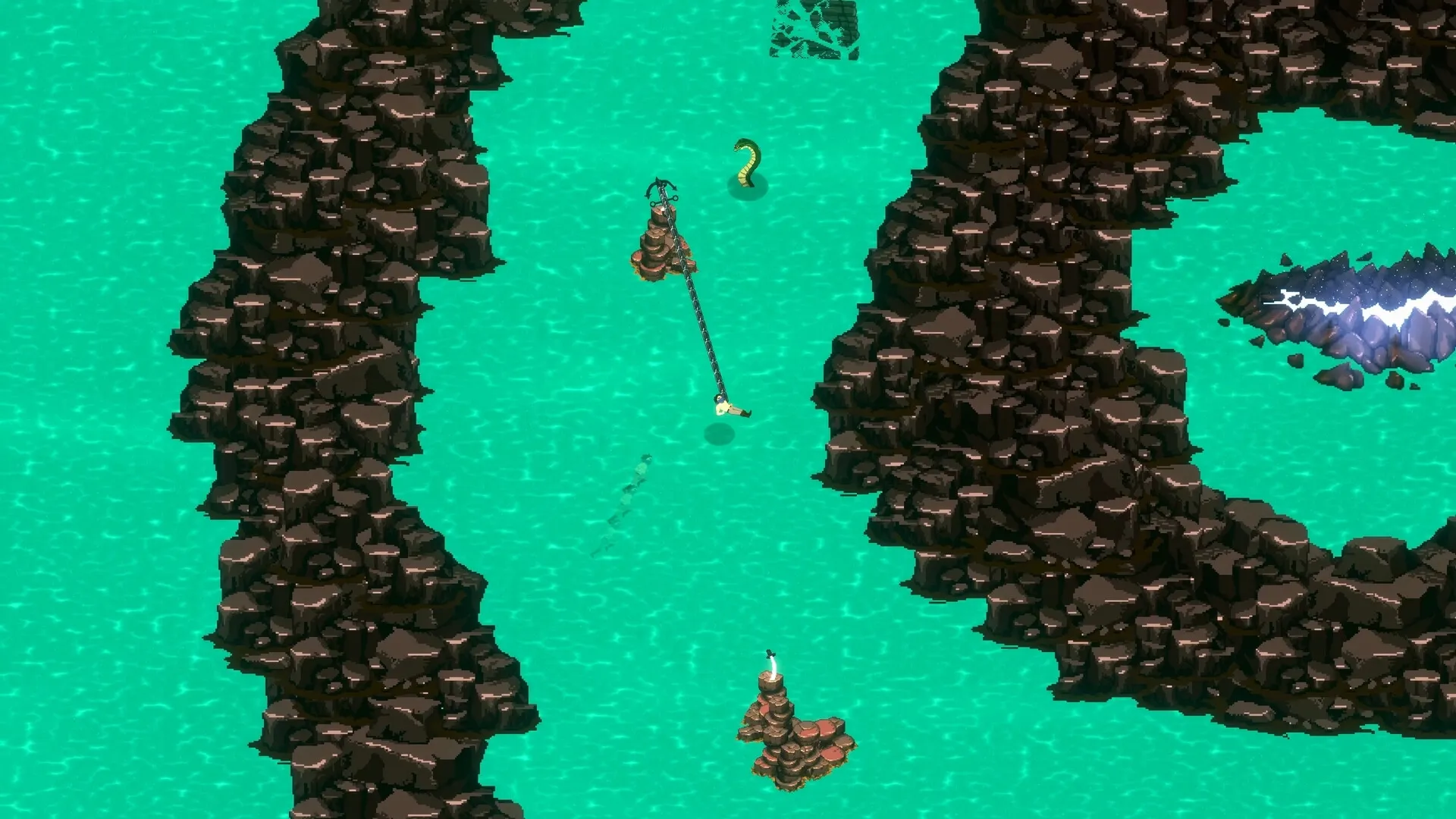 Boomerang Jack: Grappling over turquoise waters, avoiding a sea serpent in rocky island terrain.