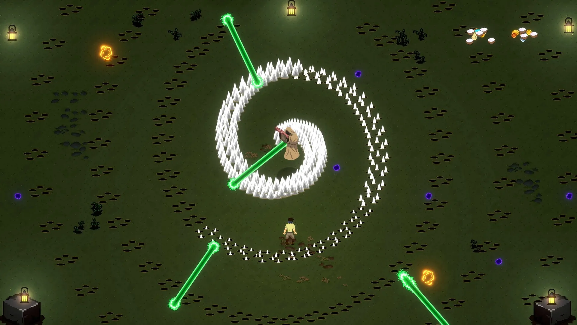 Boomerang Jack: Battle with robed enemy casting green beams in dark field with glowing orbs
