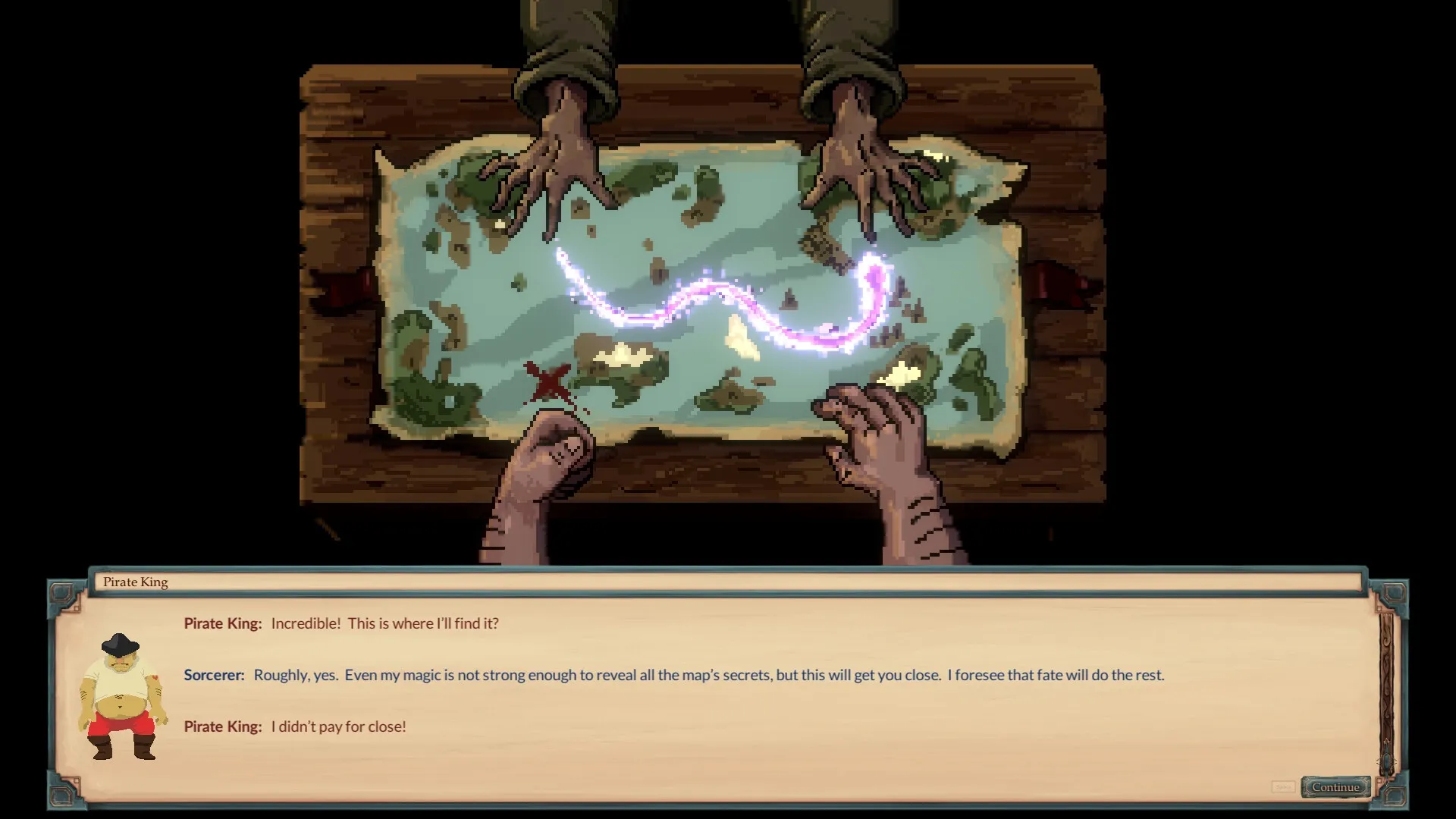 Boomerang Jack: Pirate King studies glowing map with sorcerer in strategic planning scene