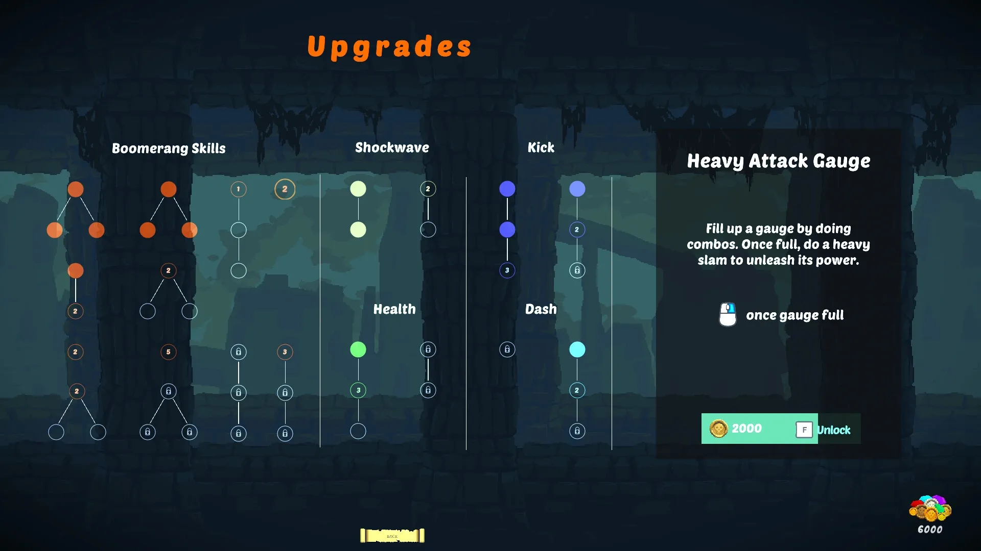 Boomerang Jack: Upgrade menu with skill trees for boomerang, shockwave, and more in a dark cave setting