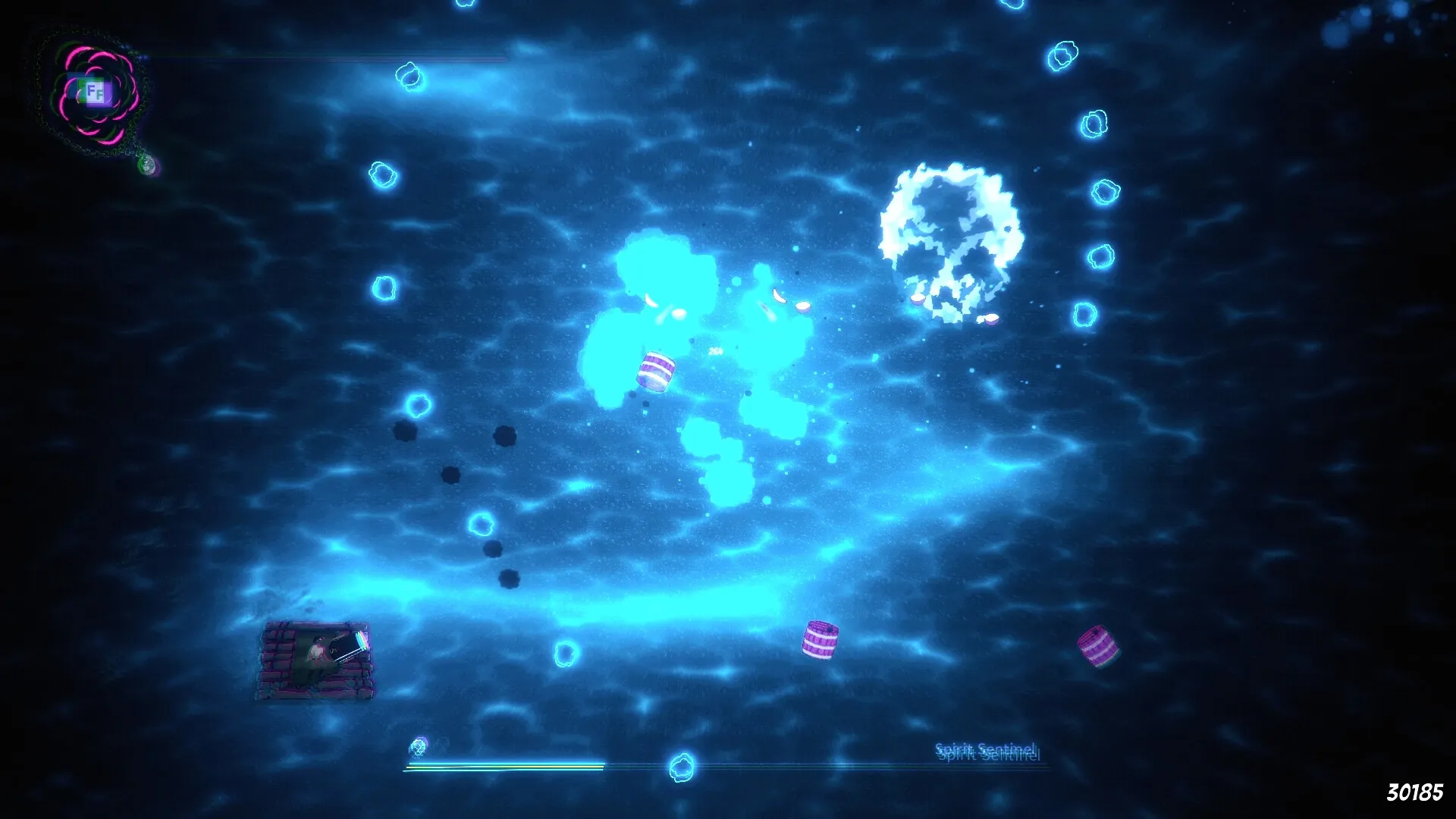 Boomerang Jack: Engaging in combat on a glowing ocean with energy blasts and floating barrels around.