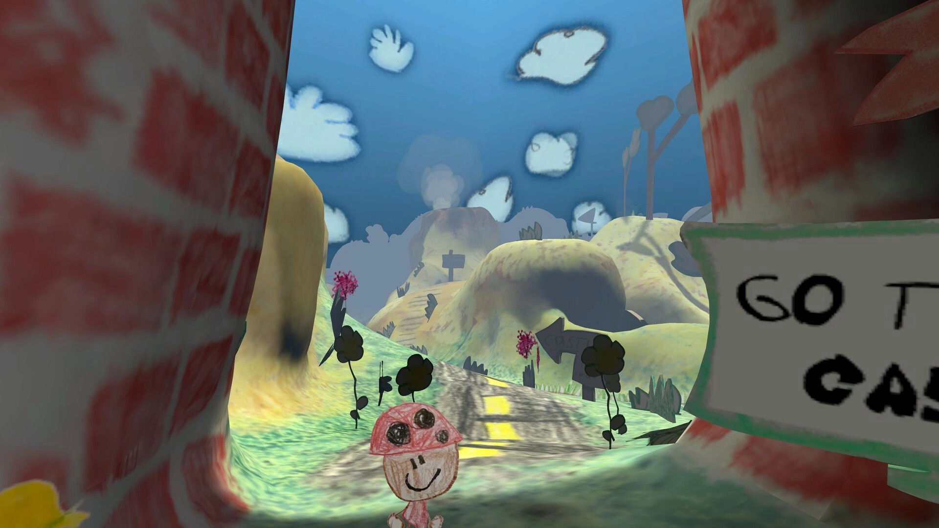 Booper, Get Home!: Booper stands on a colorful path with hand-drawn clouds and hills in a whimsical landscape.