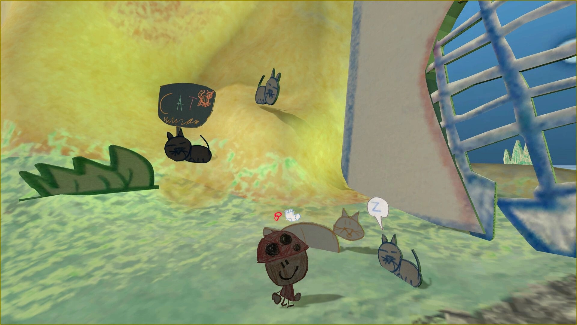 Booper, Get Home!: Booper explores a colorful world with sleeping cartoon cats near a hand-drawn fence.