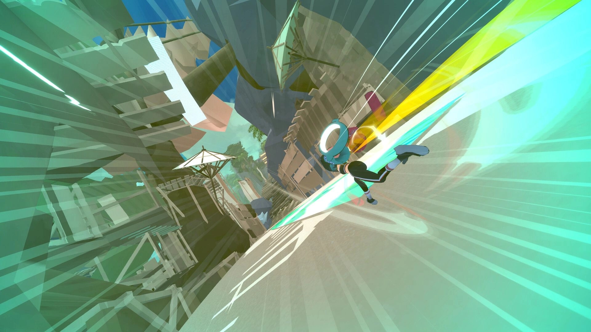 BOOST VECTOR EX: Vector Master wall-runs at high speed through tilted futuristic city ruins with trails.