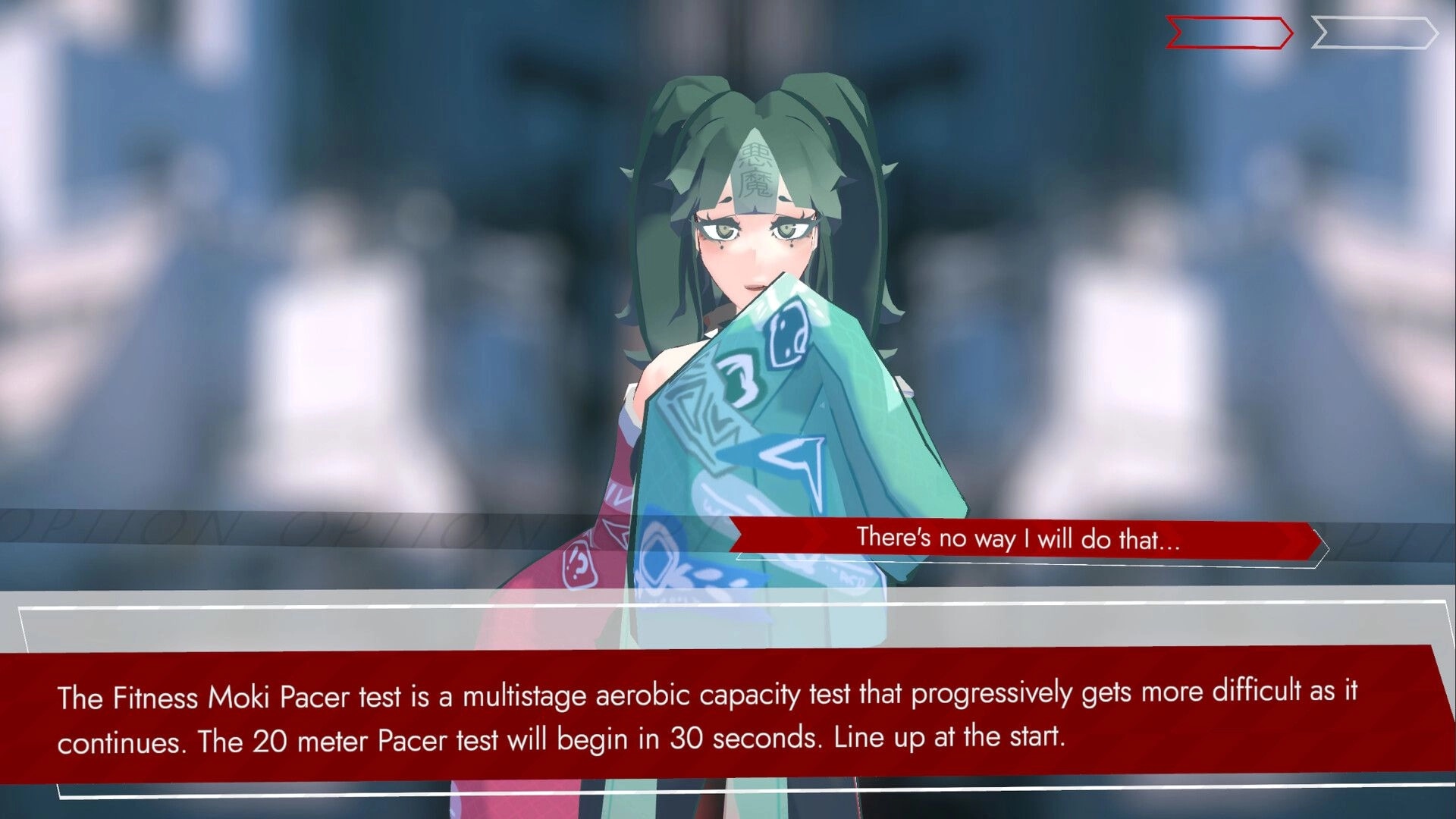 BOOST VECTOR EX: Dialogue choice over green-haired racer with text box in blurred indoor corridor scene.