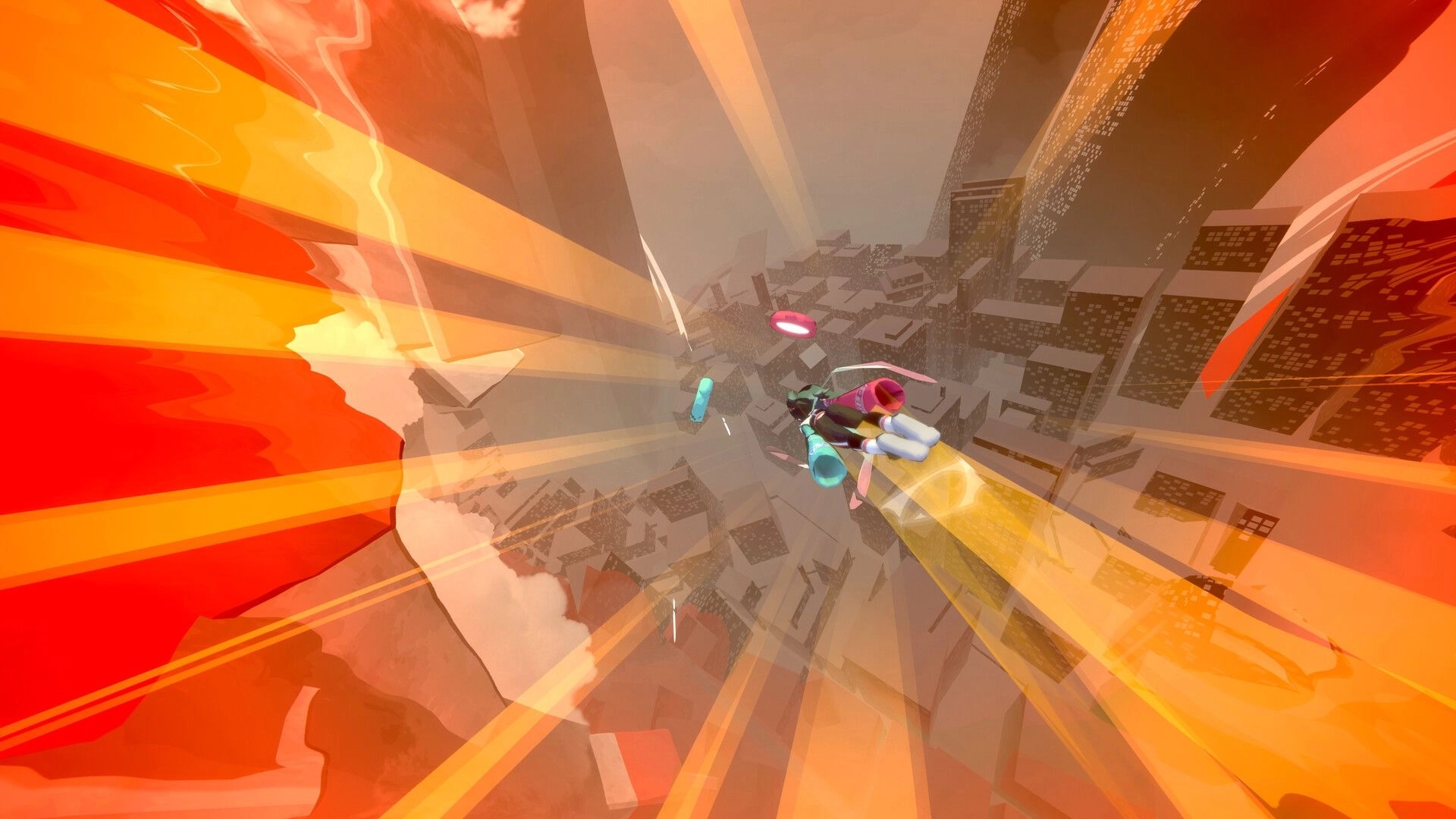 BOOST VECTOR EX: Jet-suited runner boosts through glowing rings above a sprawling futuristic cityscape.