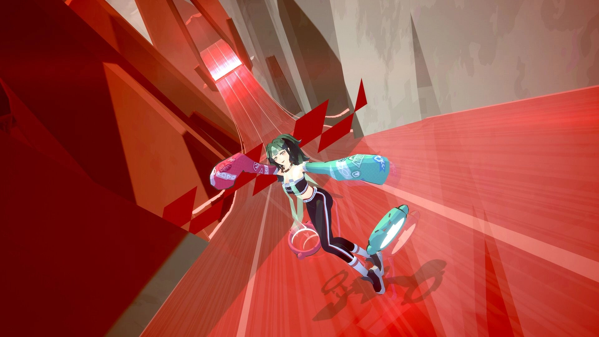 BOOST VECTOR EX: Racer wallrides at high speed with floating drone in a red angular tunnel track.