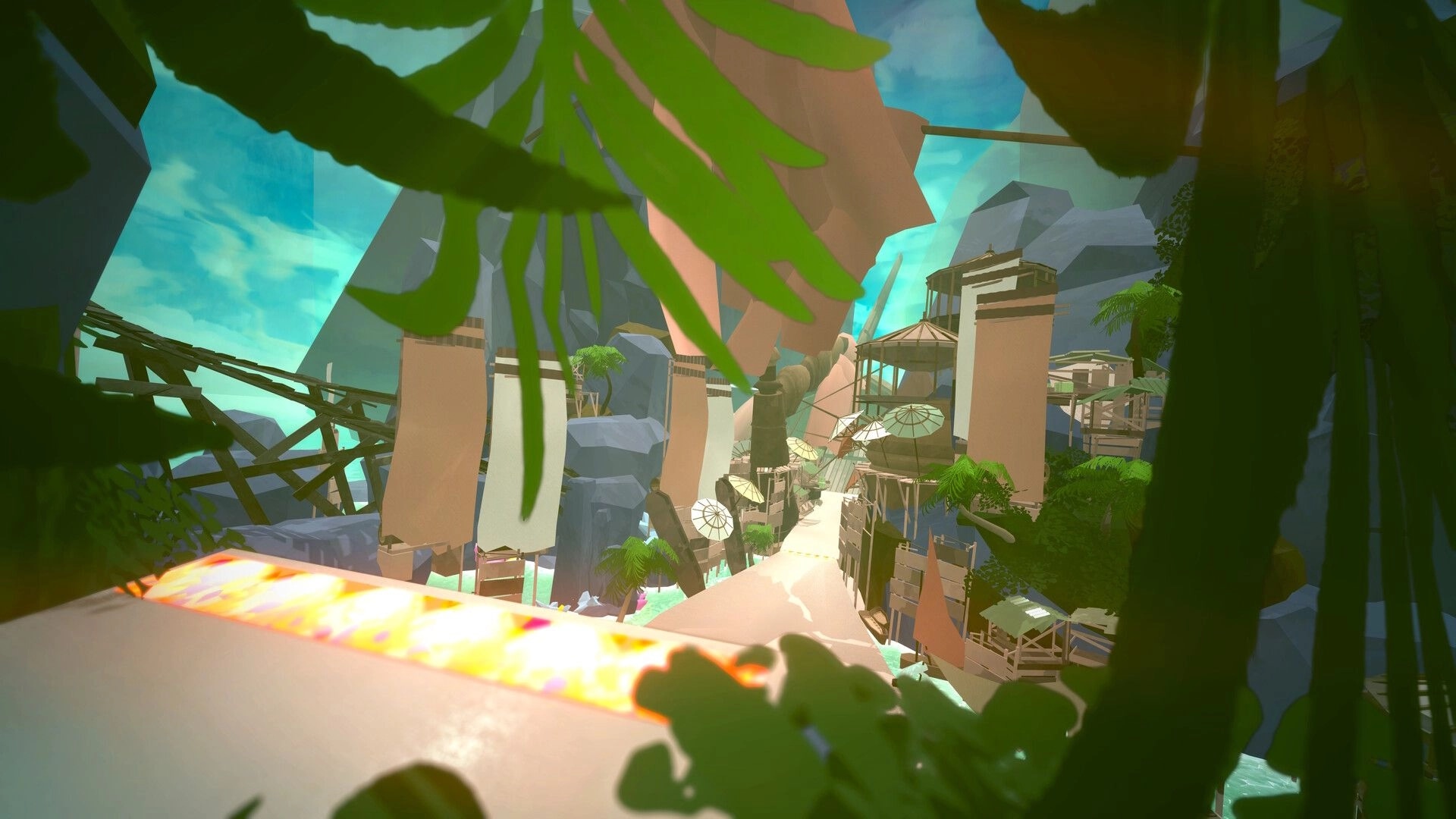 BOOST VECTOR EX: Empty parkour track over turquoise water beside tall resort buildings and cliffs.