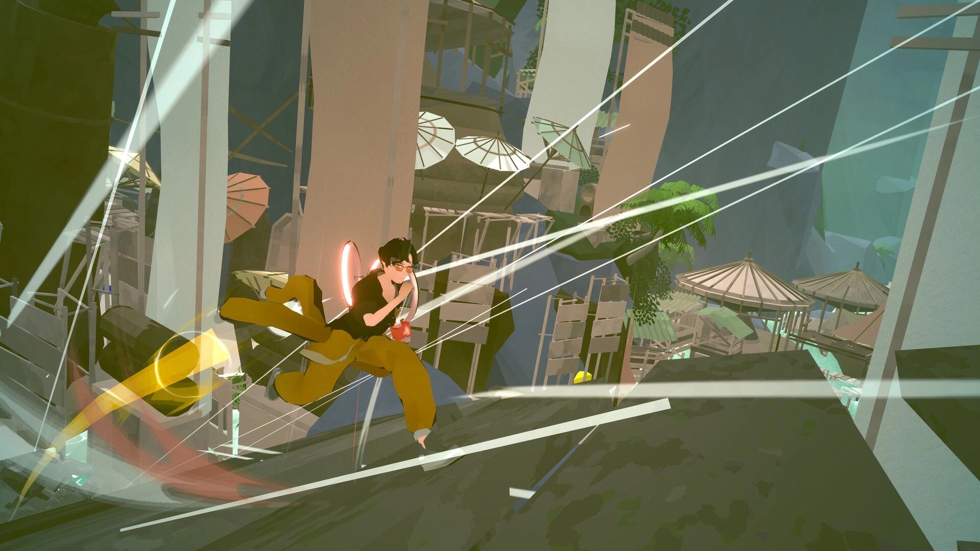 BOOST VECTOR EX: Runner dashes with glowing boost trails through stacked city rooftops and platforms.