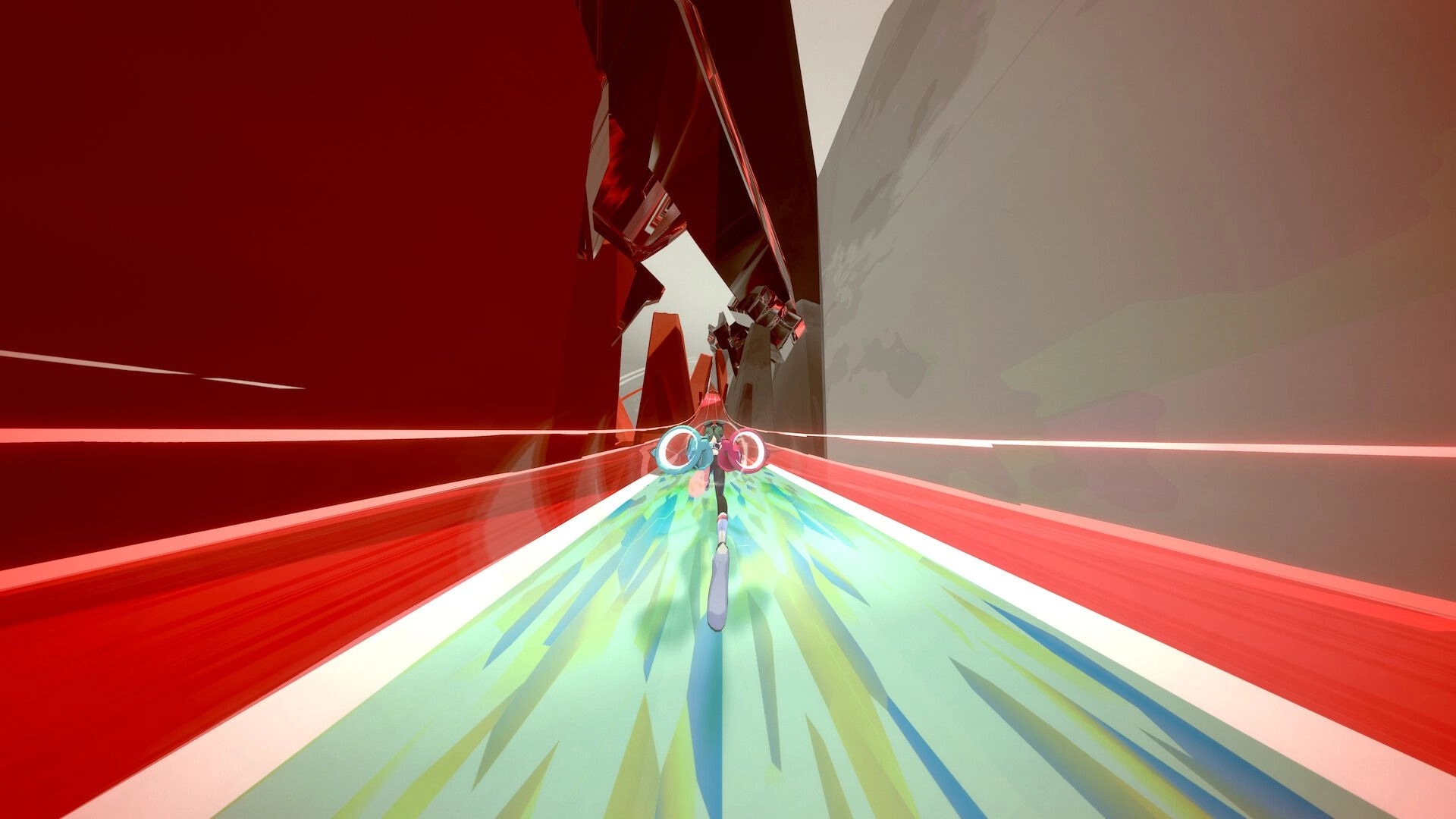 BOOST VECTOR EX: Runner sprints down a neon lane with glowing rings ahead in a red futuristic corridor.