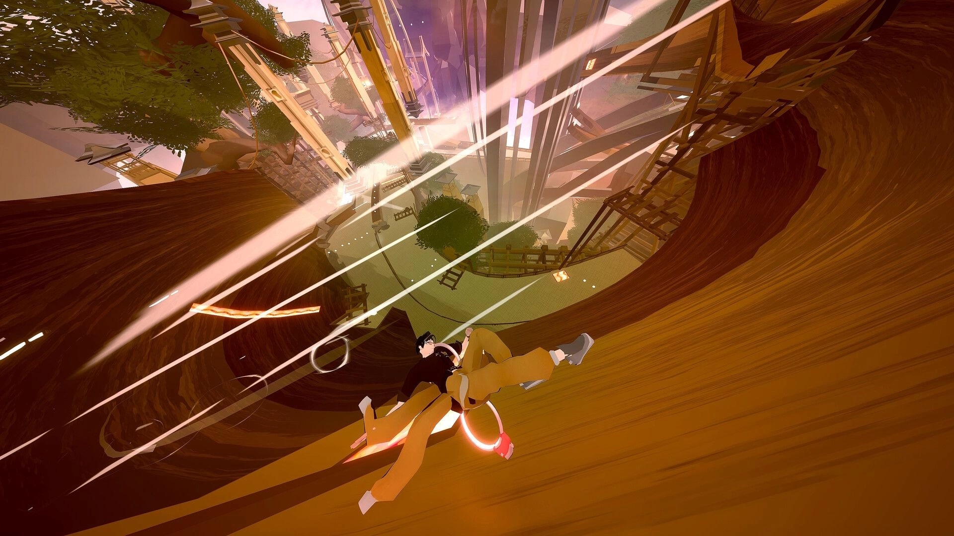 BOOST VECTOR EX: Racer wallrides a giant wooden halfpipe with speed trails in a futuristic city canyon.