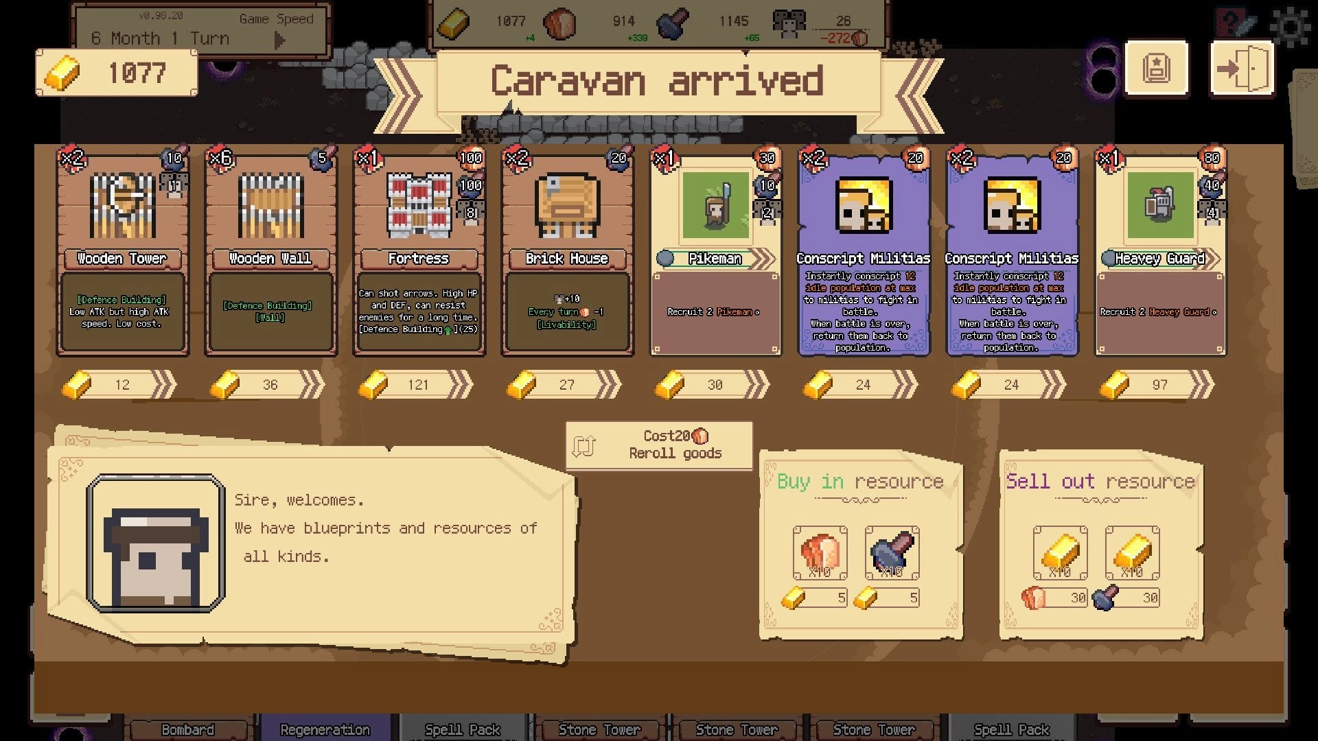 Border Pioneer: Caravan arrival screen offering defense buildings, units, and resources for purchase.