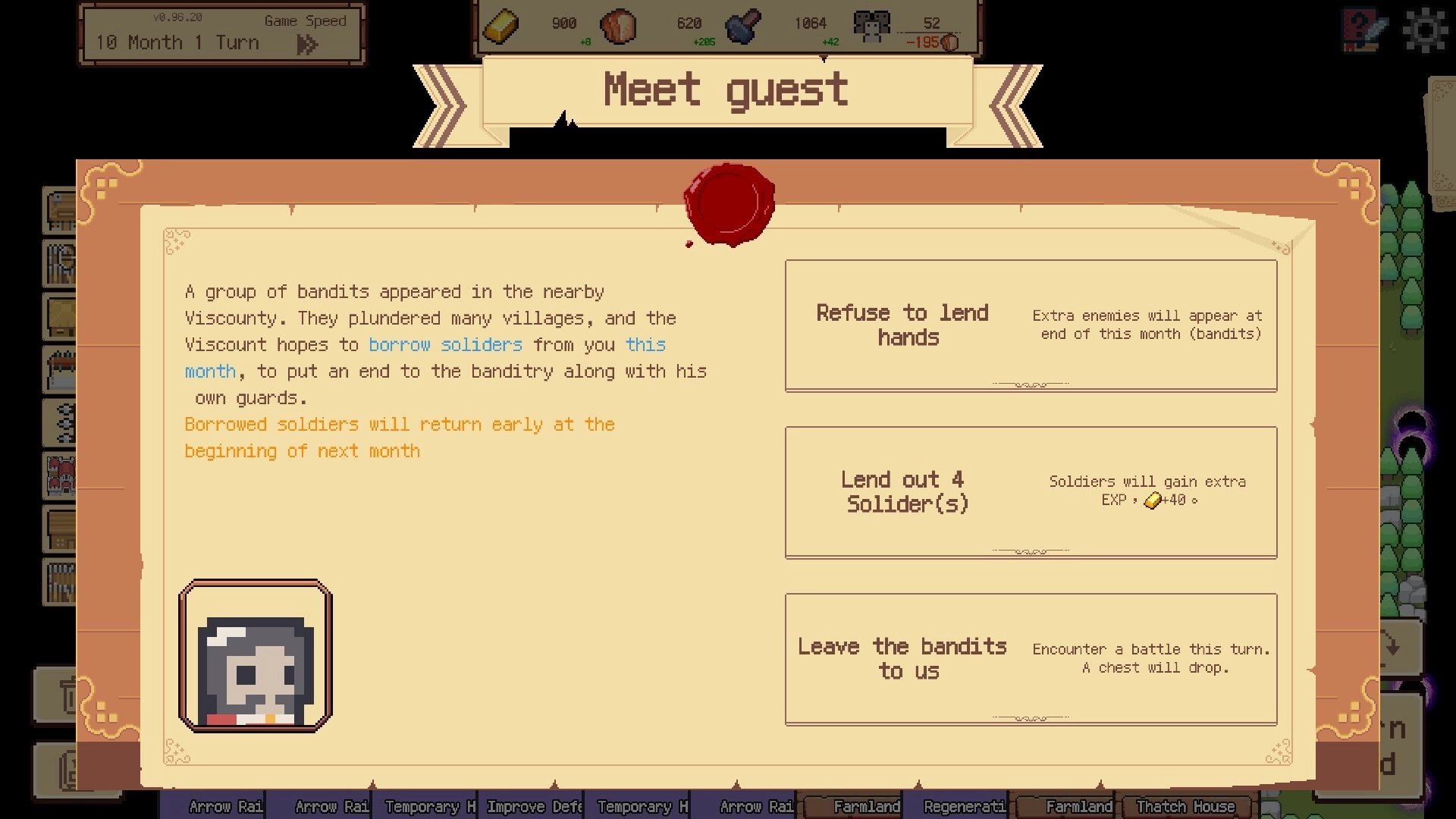 Border Pioneer: Decision screen with options to lend soldiers or confront bandits in nearby Viscounty