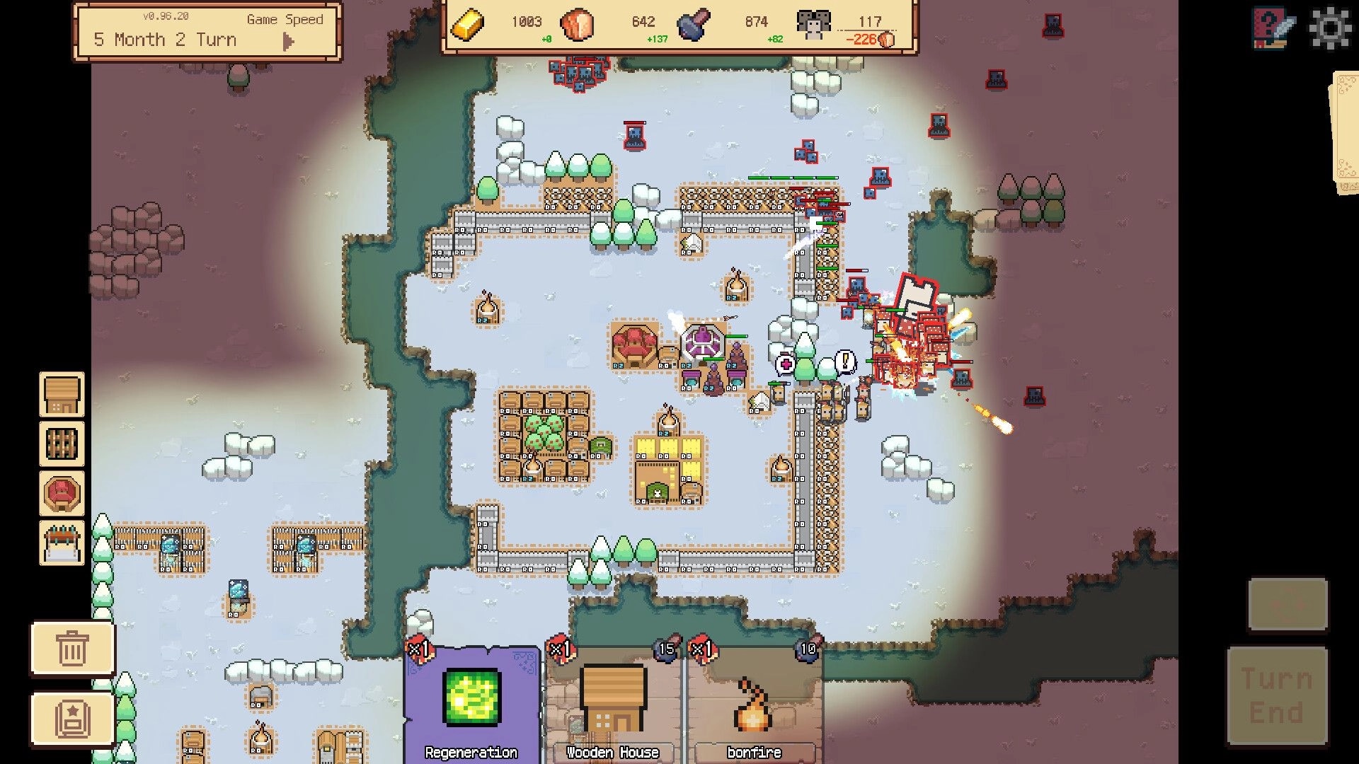 Border Pioneer: Top-down view of snowy settlement under attack, with resource bars and build menu visible.