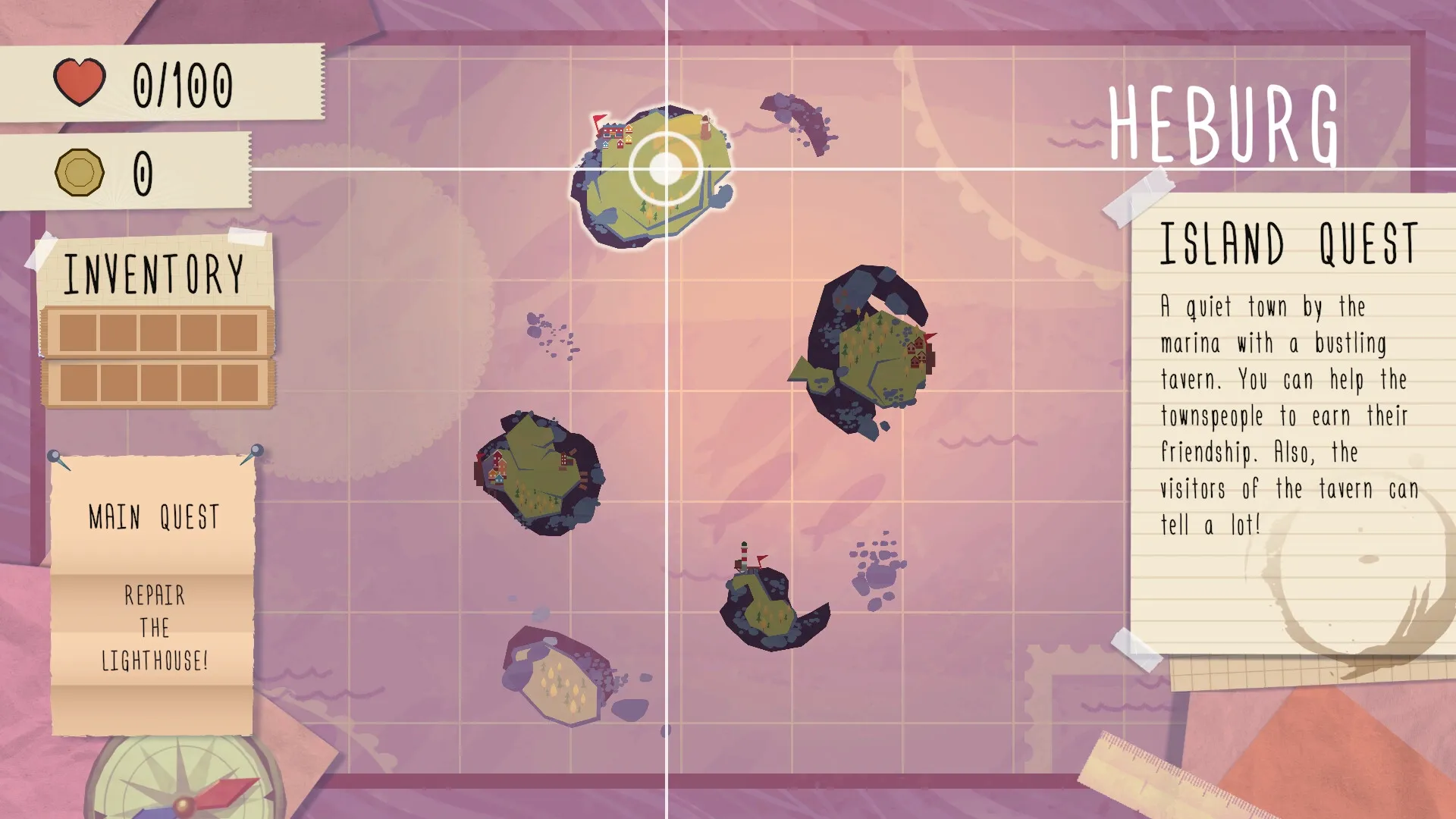 Boreas: Map view with islands, inventory, health, and main quest to repair the lighthouse visible.