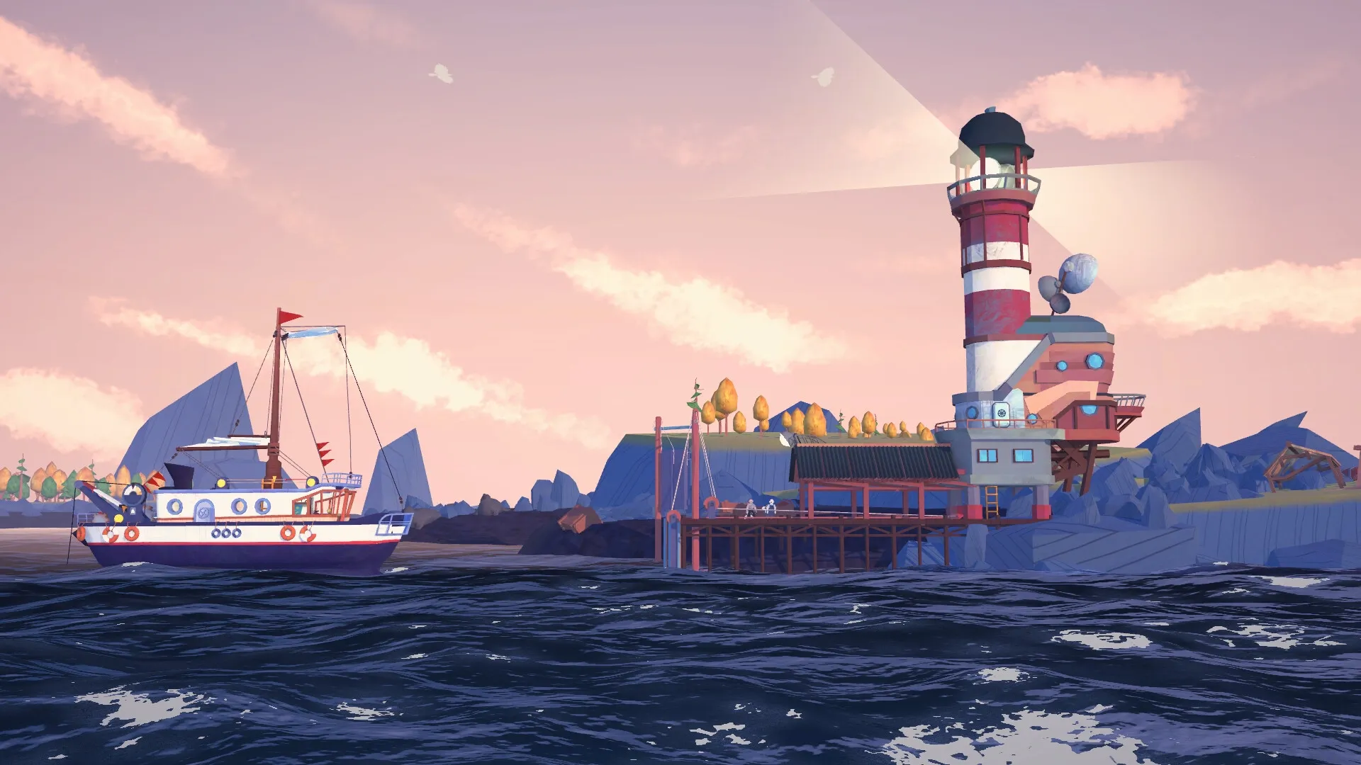 Boreas: Lighthouse and dock with ship anchored nearby, set against a serene coastal landscape