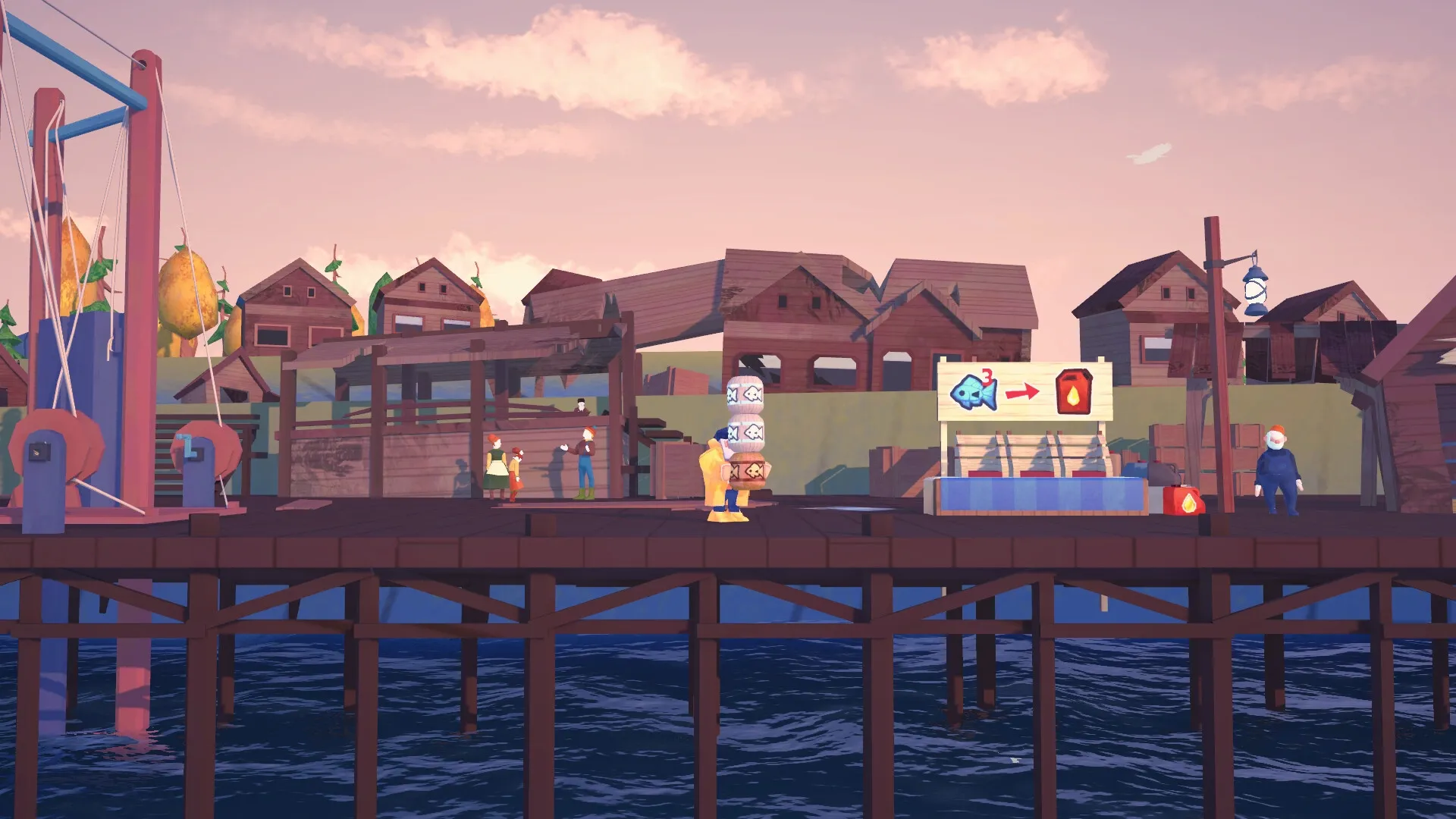 Boreas: Character carrying fish crates on a wooden dock in a coastal village at sunset