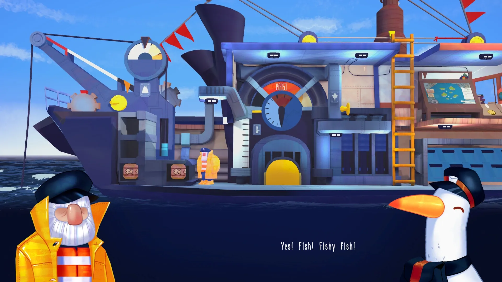 Boreas: Lighthouse keeper and seagull on colorful ship deck with control panel and map room