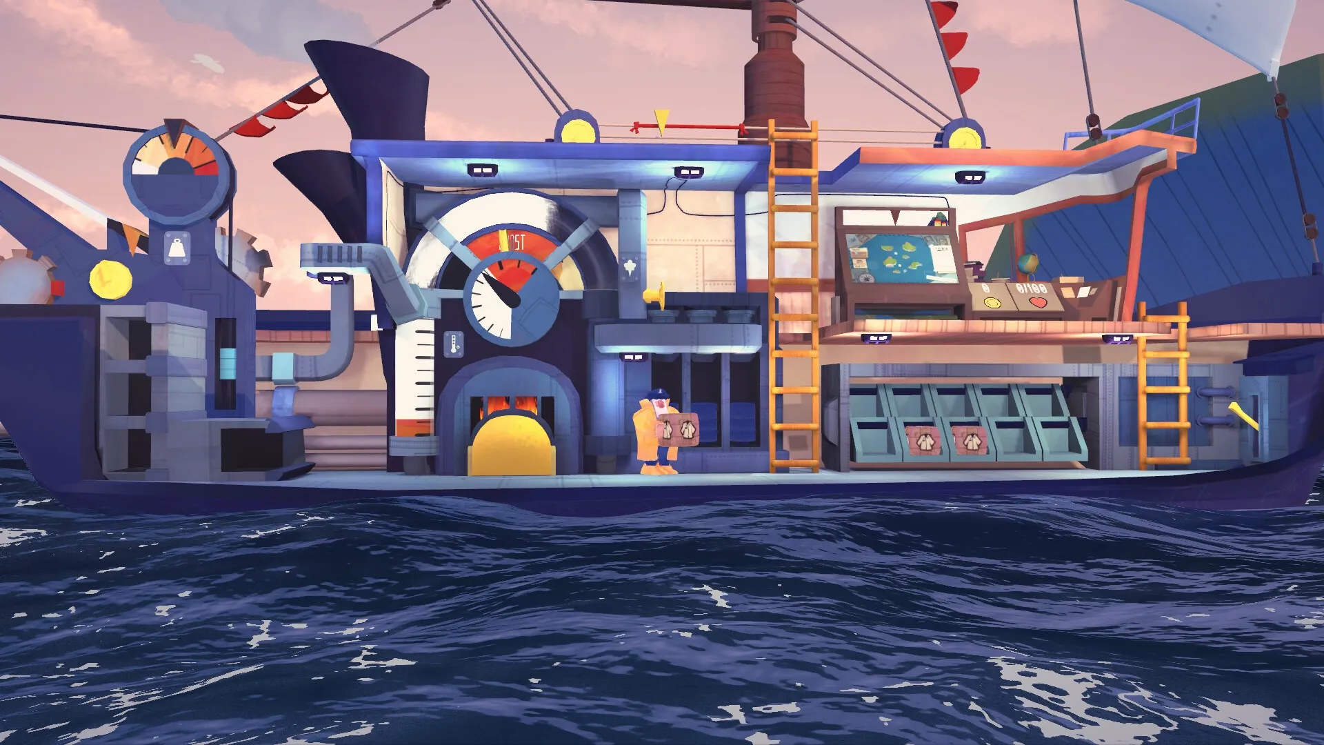 Boreas: Lighthouse keeper and seagull manage ship systems onboard in vibrant, animated ocean setting