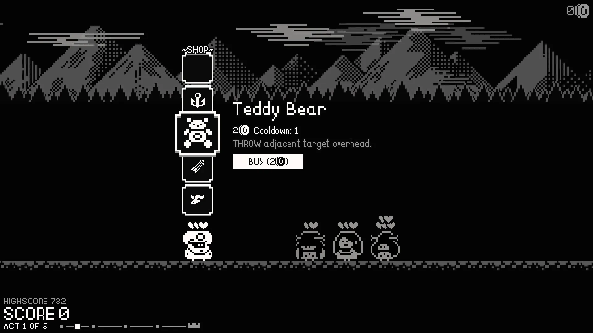 Bossfight Tactics: Shop menu with Teddy Bear item and characters in a mountainous forest setting