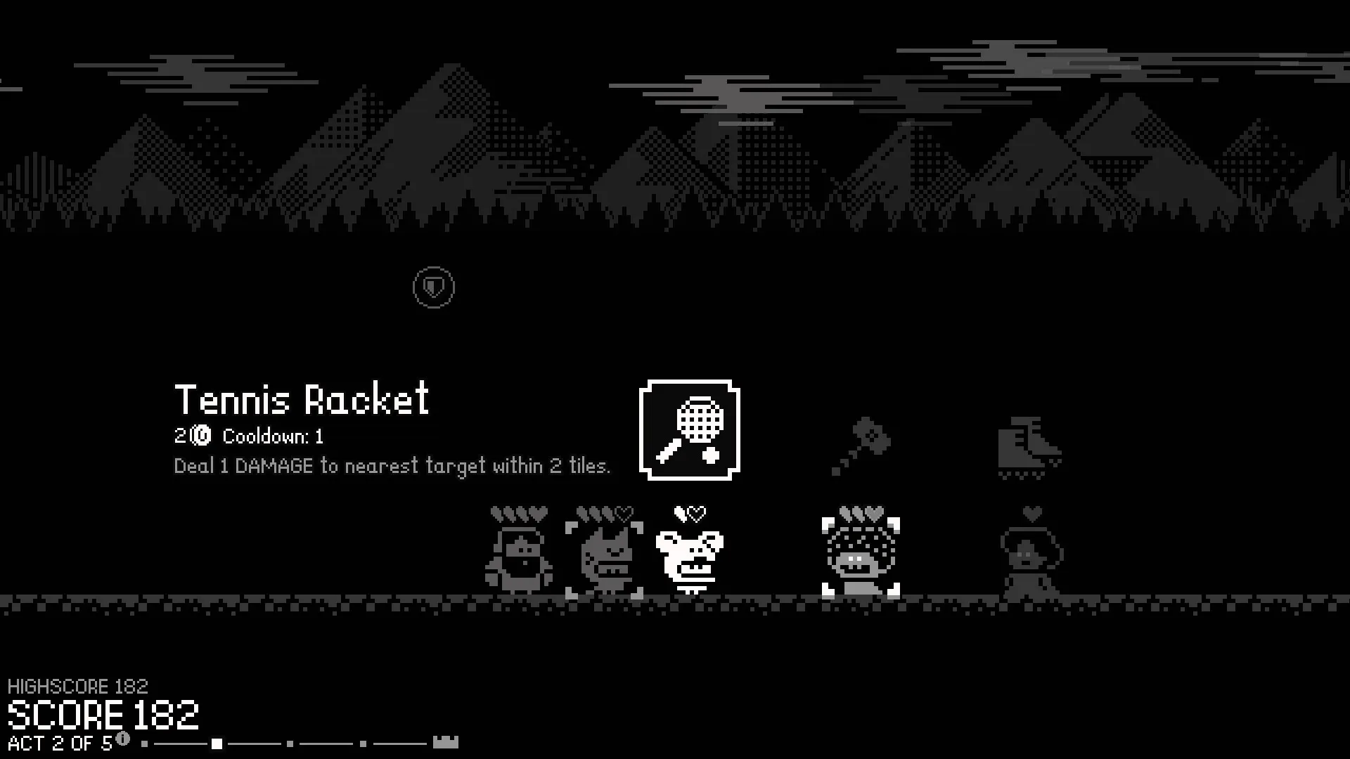 Bossfight Tactics: Character lineup with item description and mountains in the background