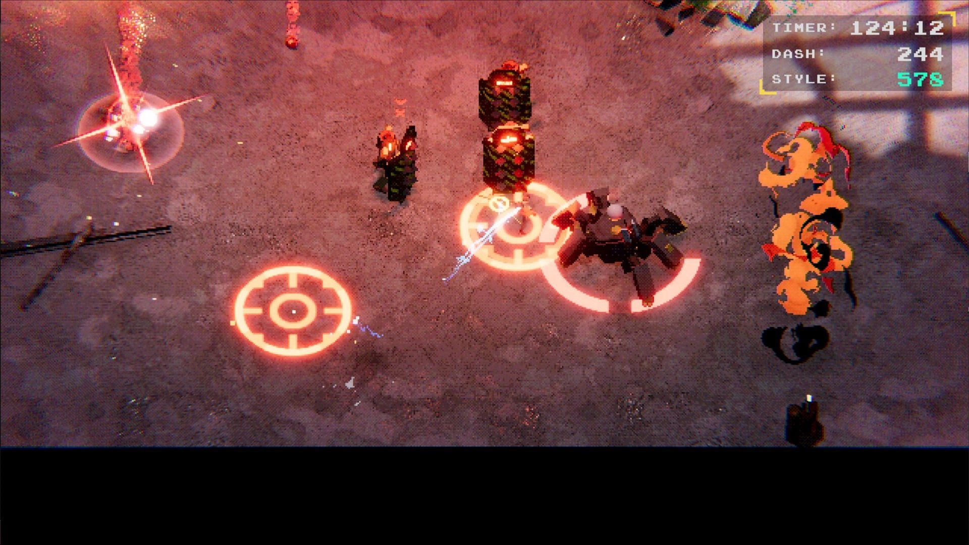 Bot slash Bot: Rogue robot dashes and slashes through enemies, timer and score displayed on the screen.