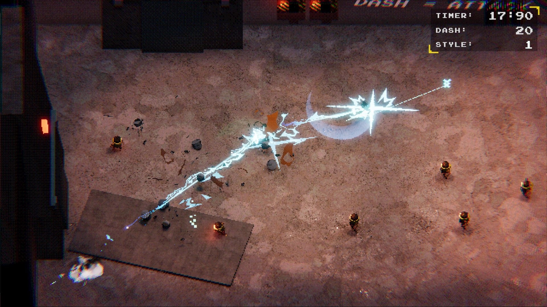 Bot slash Bot: Rogue robot dashes emitting lightning in dusty arena; timer and stats shown in corner.