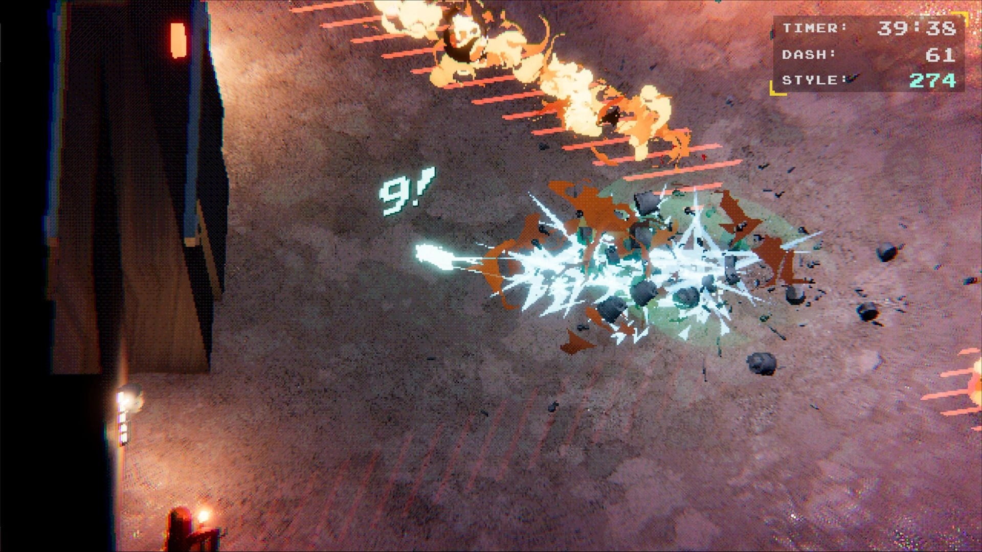 Bot slash Bot: Robot executes dash attack on enemies with timer and score display in desert arena