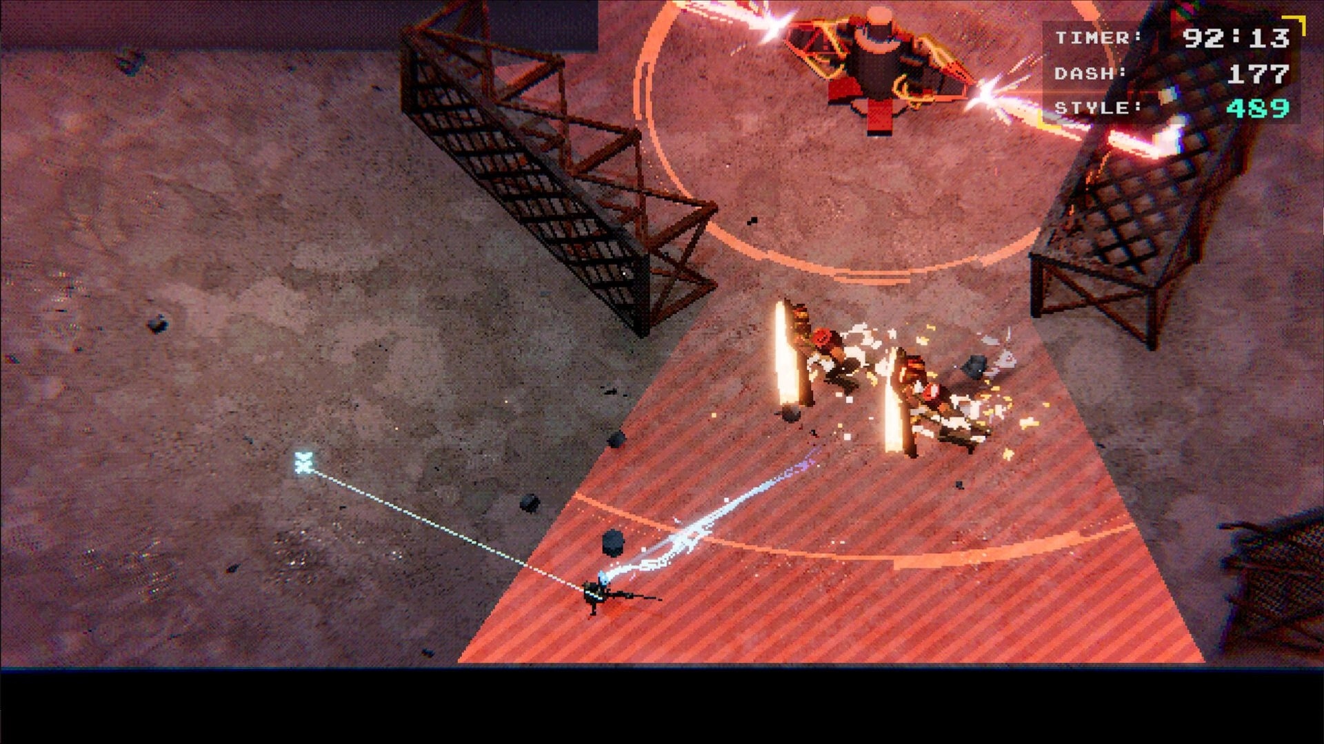 Bot slash Bot: Rogue robot dashes and slashes through enemies in an industrial arena with score display