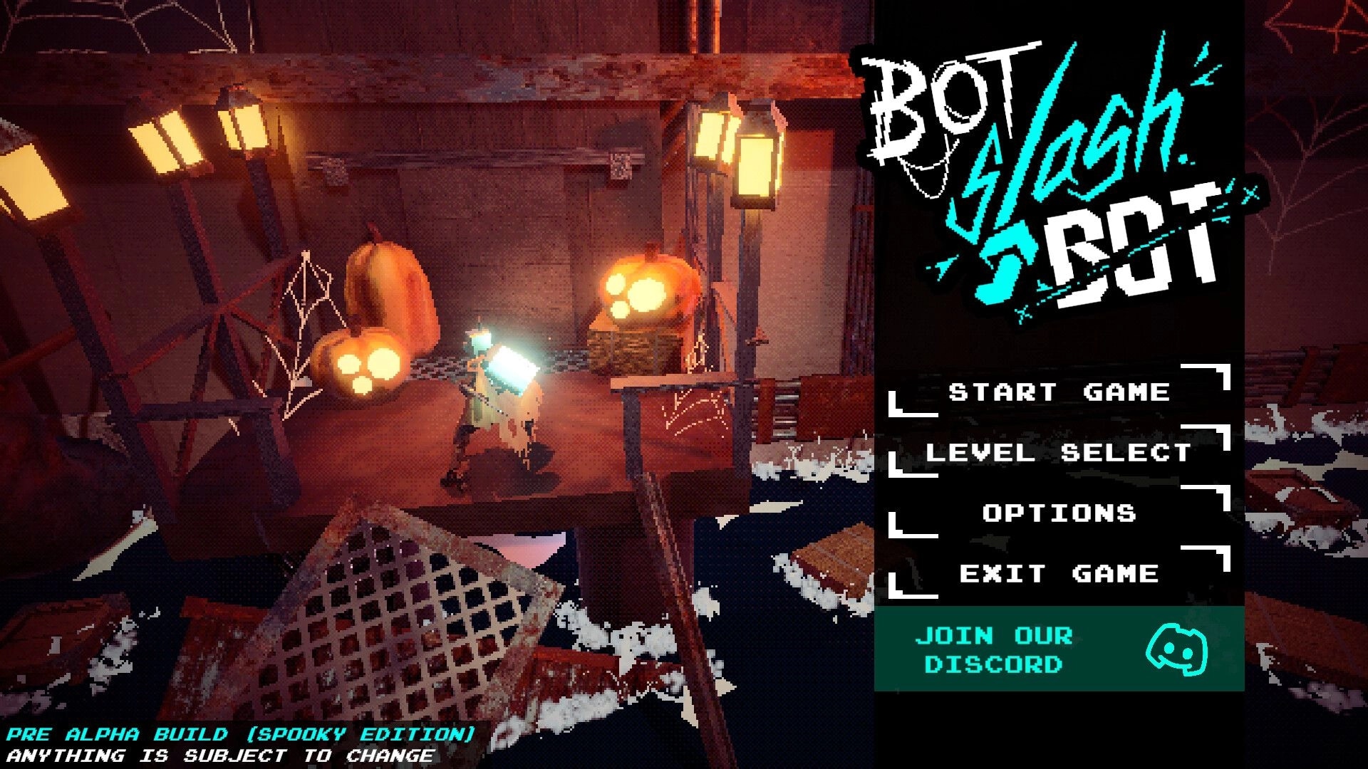 Bot slash Bot: Main menu with options and robot near glowing pumpkins in a dimly lit room