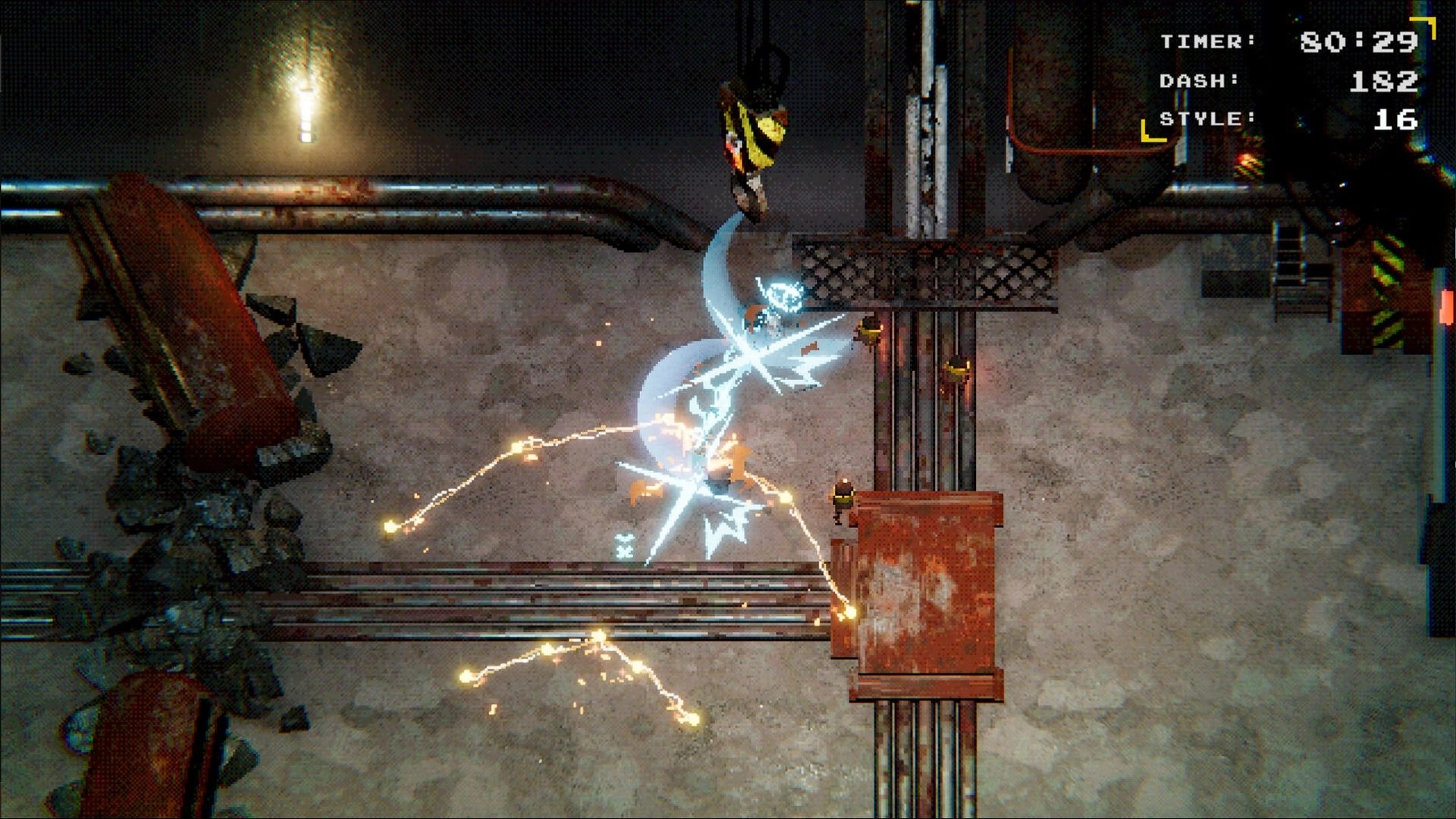 Bot slash Bot: Robot dashing and slashing through pipes with timer and dash stats on the screen